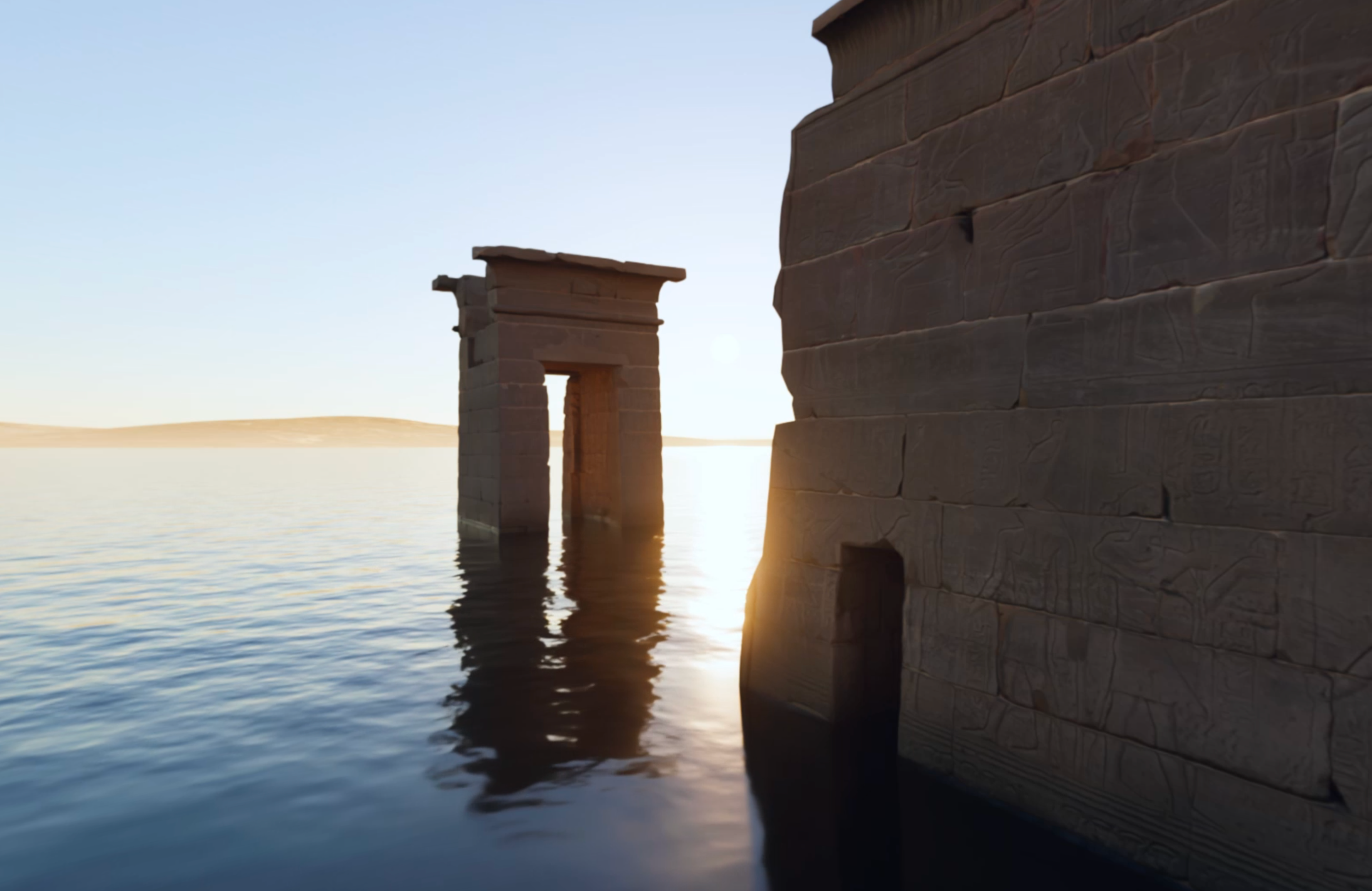 An image of the Temple of Dedur partially submerged at sunset