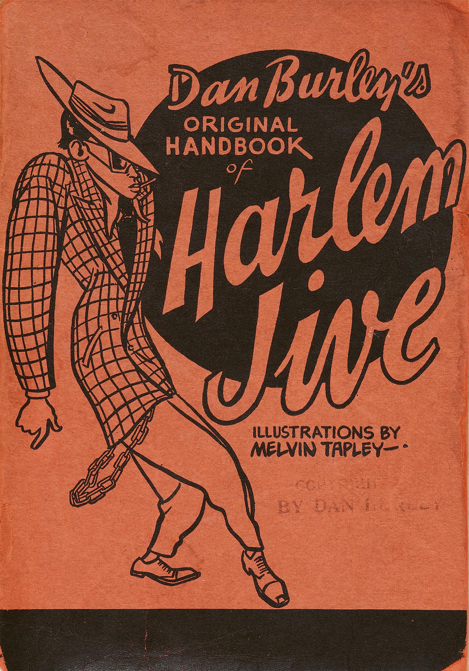 Cover of "Dan Burley's Original Handbook of Harlem Jive" features an illustration of a dancing man in a checkered suit. The tone is vibrant and lively.