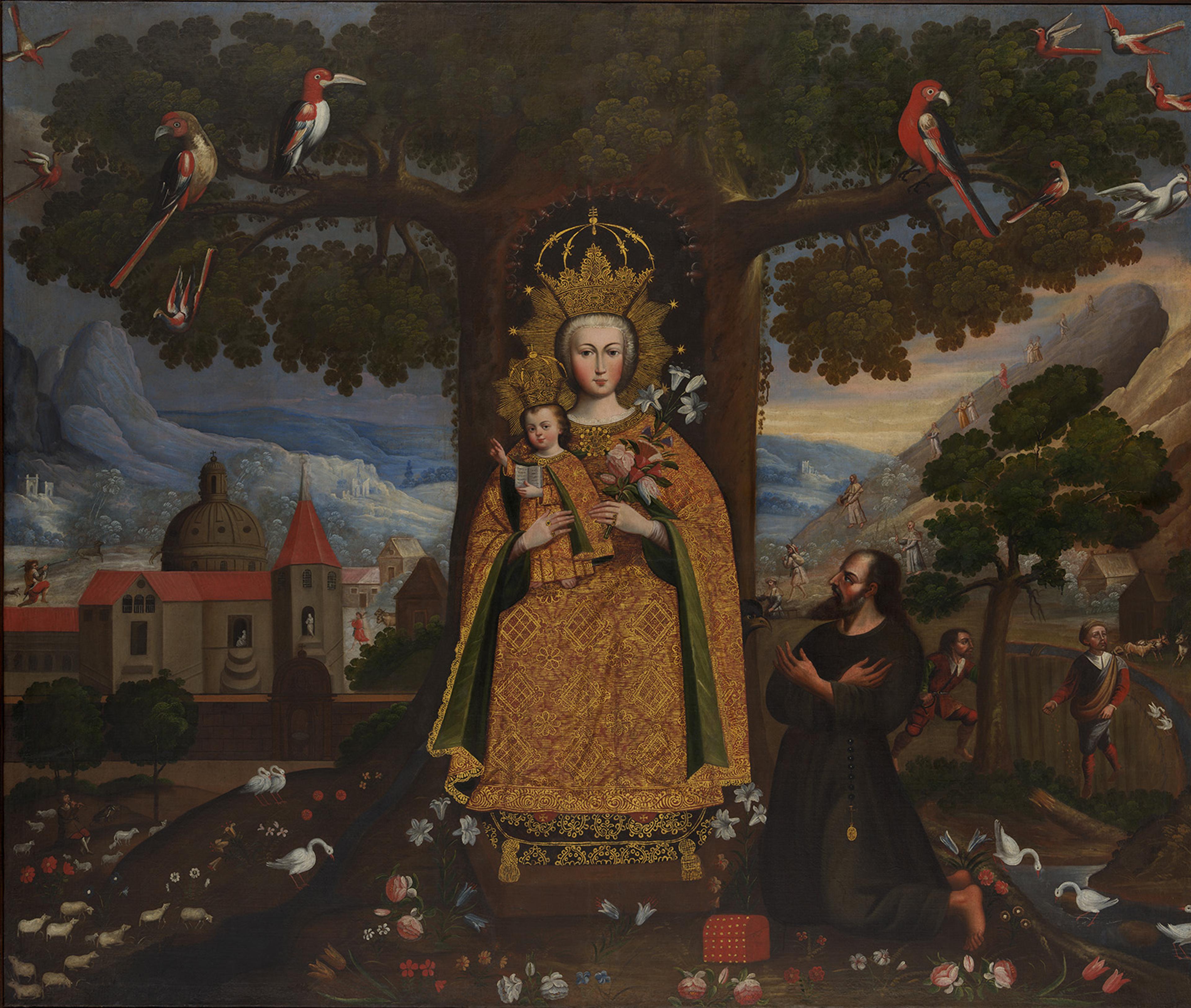 Religious painting of the Virgin Mary holding Jesus beneath a tree, surrounded by birds, flowers, a monk, village, mountains, and angels.