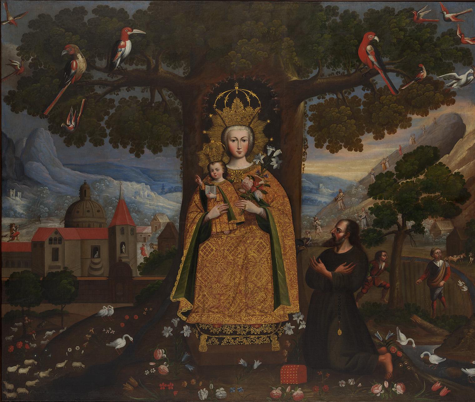 Religious painting of the Virgin Mary holding Jesus beneath a tree, surrounded by birds, flowers, a monk, village, mountains, and angels.