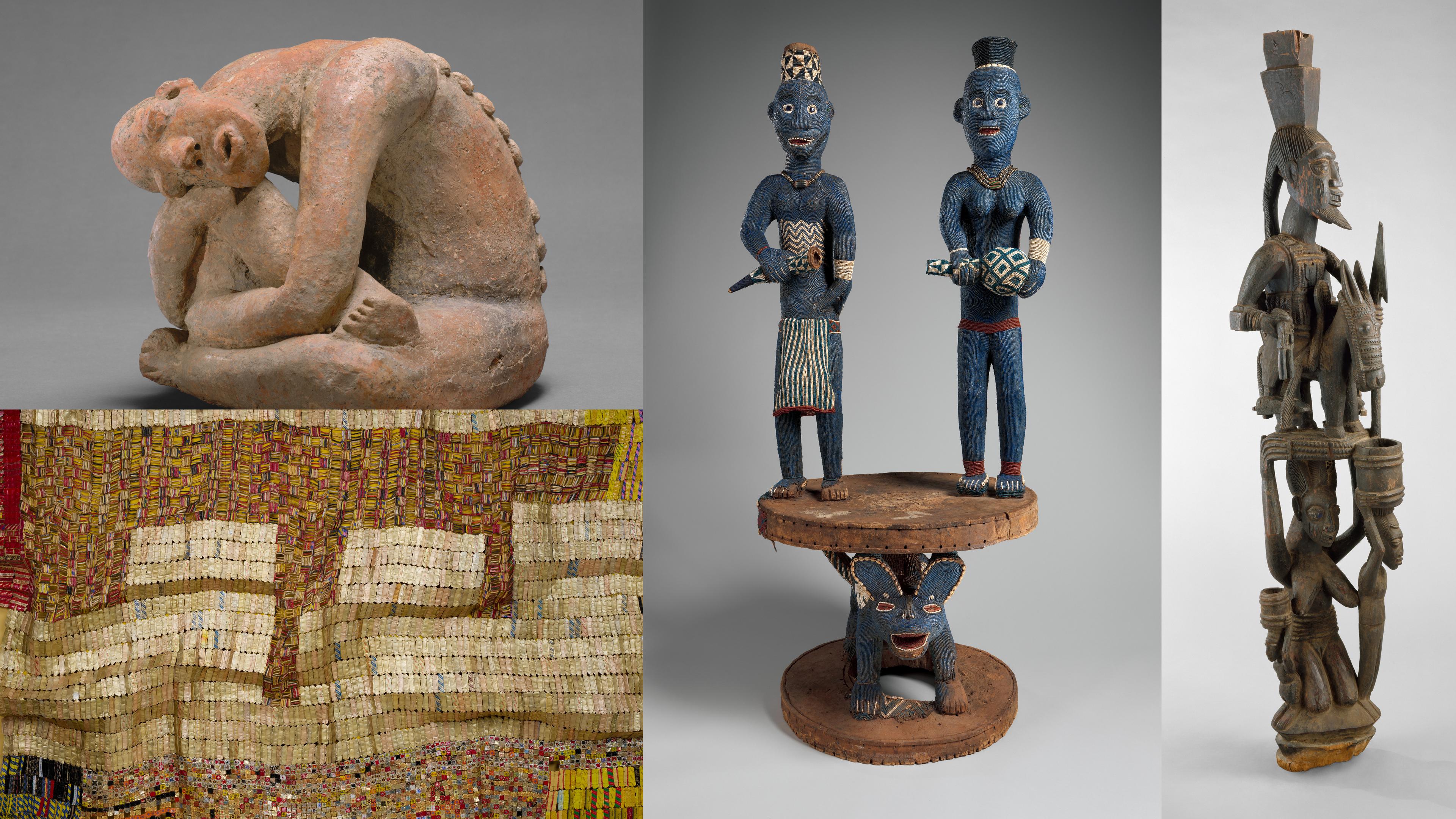 Composite image of the ancient african sculptures. 