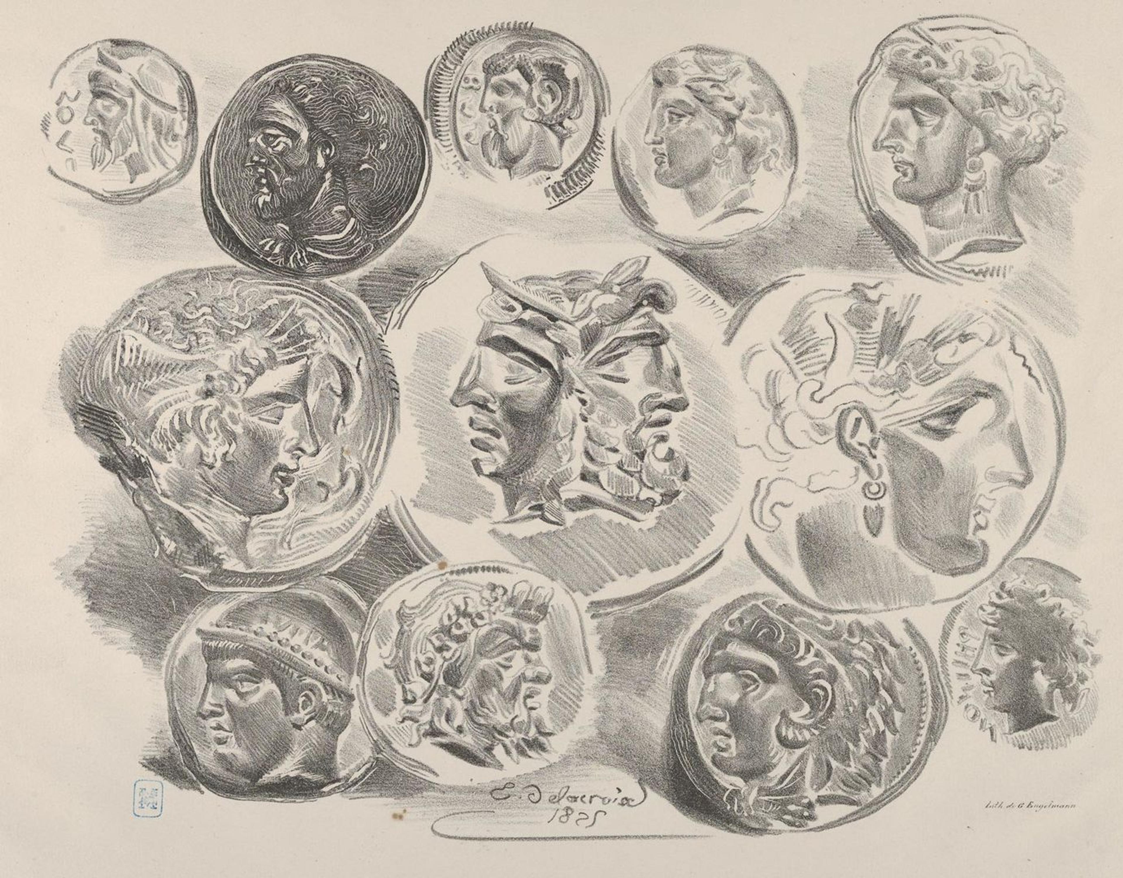 Delacroix lithograph of twelve Greek and Roman coins