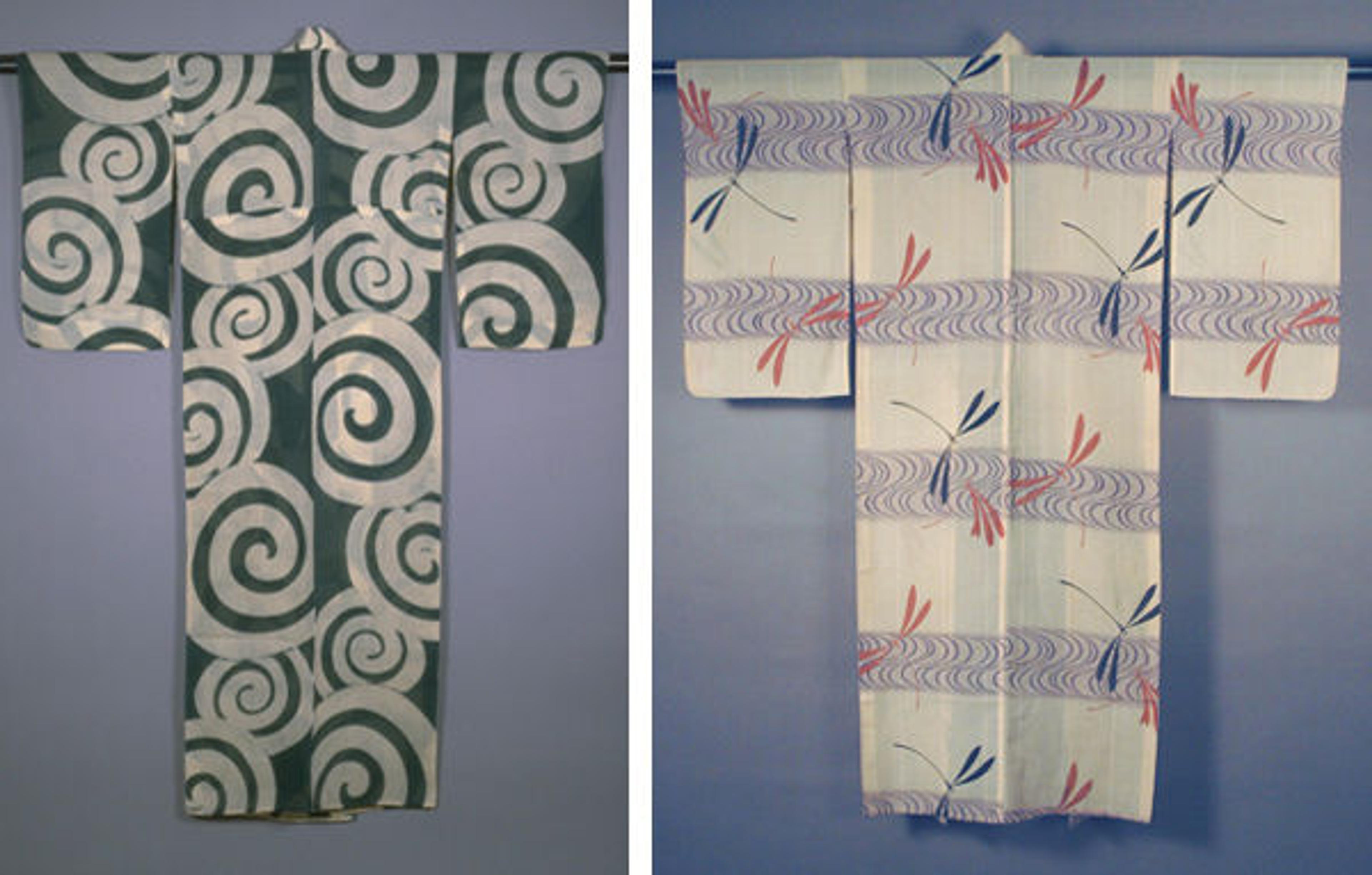 Left: Unlined Summer Kimono (Hito-e) with Swirls, ca. 1920–30 | Japan, Taishō (1912–26) or Shōwa period (1926–89) | John C. Weber Collection. Right: Unlined Summer Kimono (Hito-e) with Dragonflies and Stream, ca. 1920–30s | Japan, Shōwa period (1926–89) | Julia Meech Collection