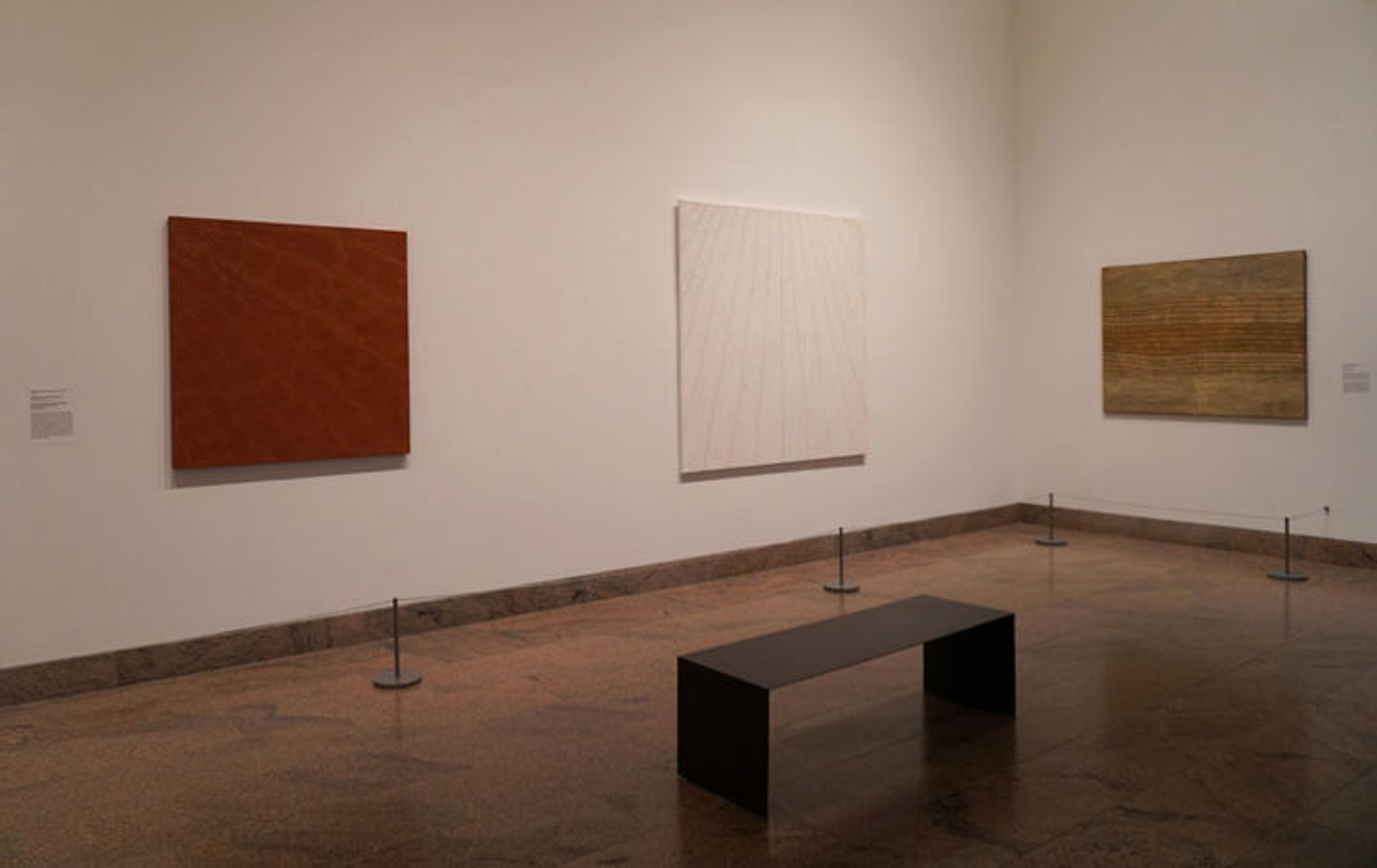 Installation view of three paintings in an exhibition gallery