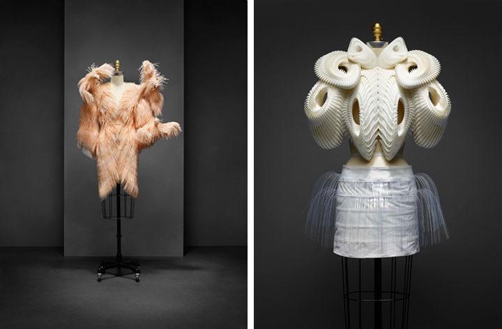 Pink feather dress and white dress