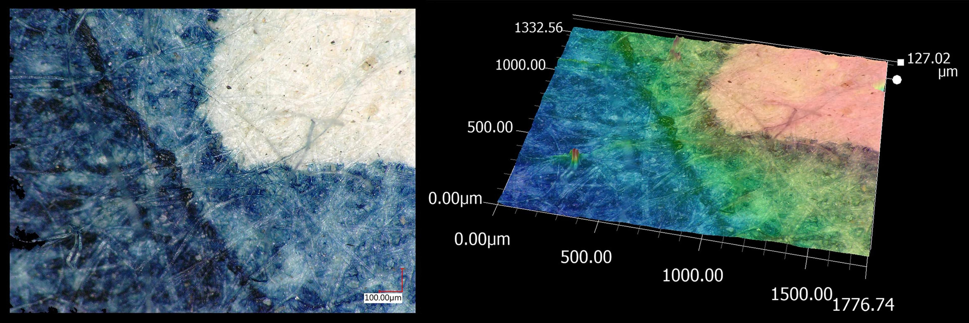 Composite image with a detail on The Great Wave, and a 3D scan of the detail