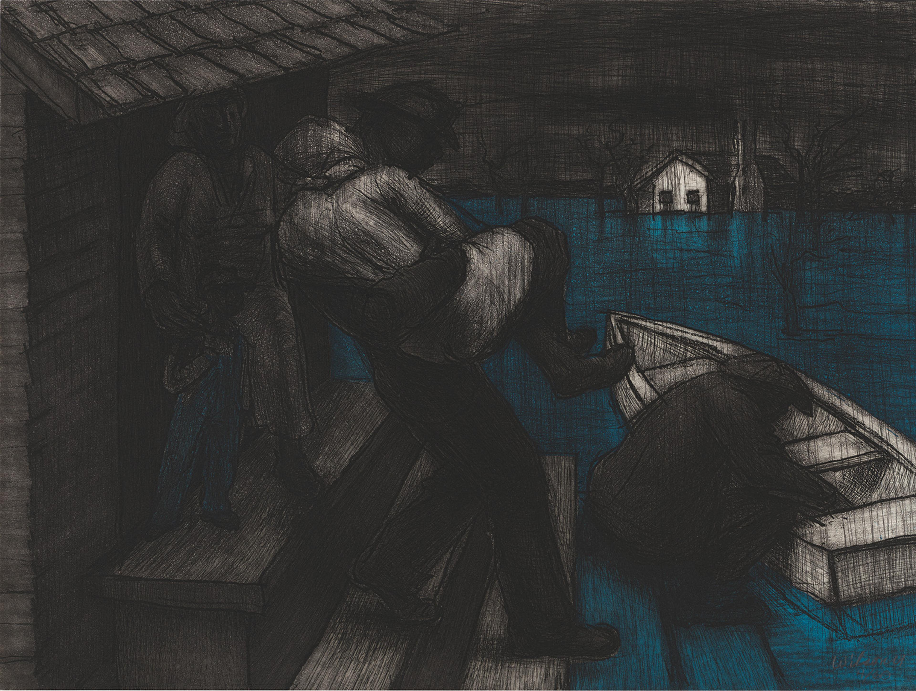 A somber scene of three figures near a house during a flood. One man carries another to a boat, set against a dark sky and blue water. 