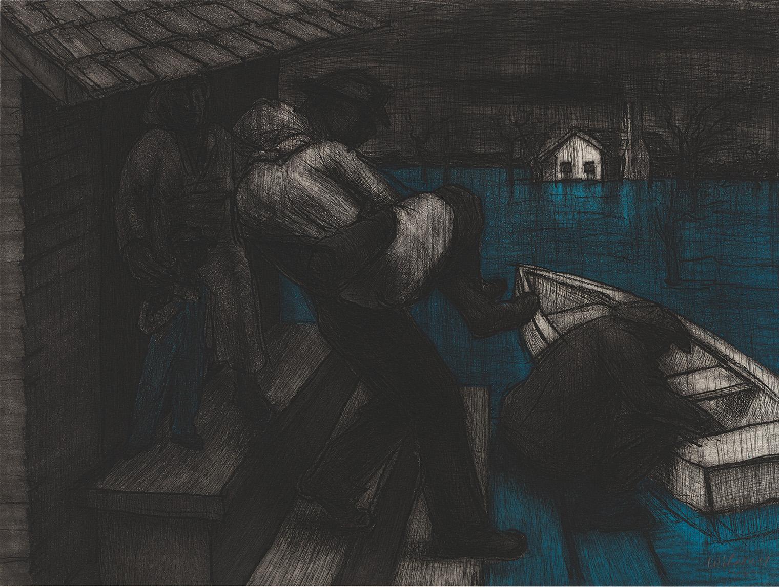 A somber scene of three figures near a house during a flood. One man carries another to a boat, set against a dark sky and blue water.