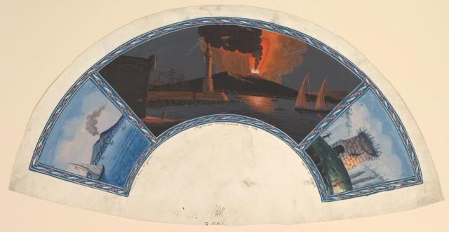 Semicircular fan shape with scenes of a sailboat, an erupting volcano, and a stone tower.
