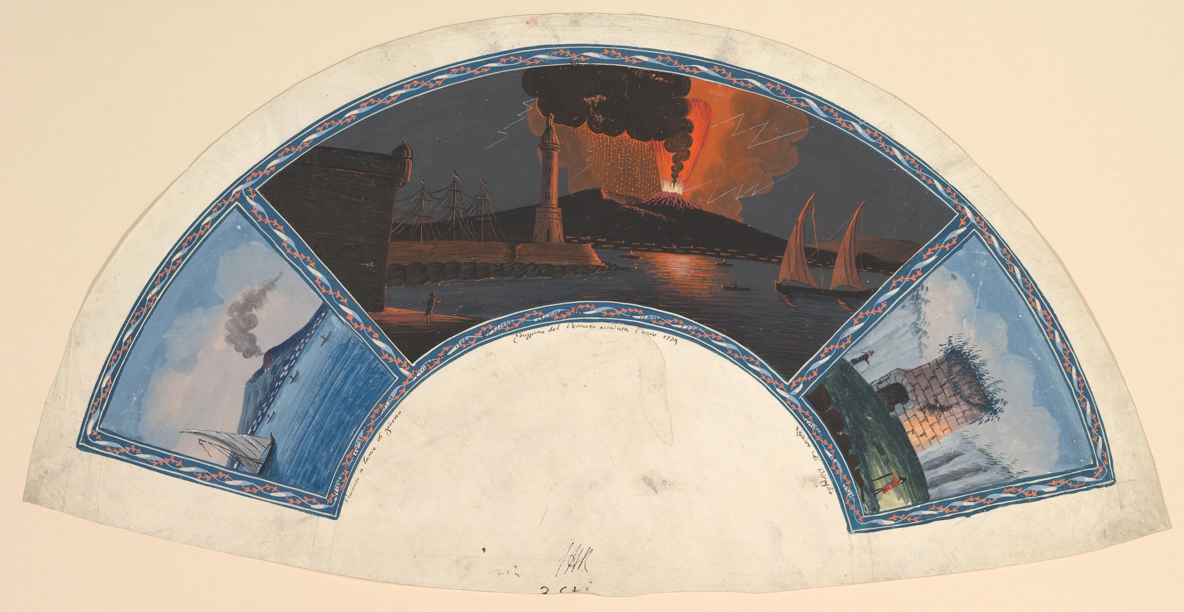 Semicircular fan shape with scenes of a sailboat, an erupting volcano, and a stone tower.