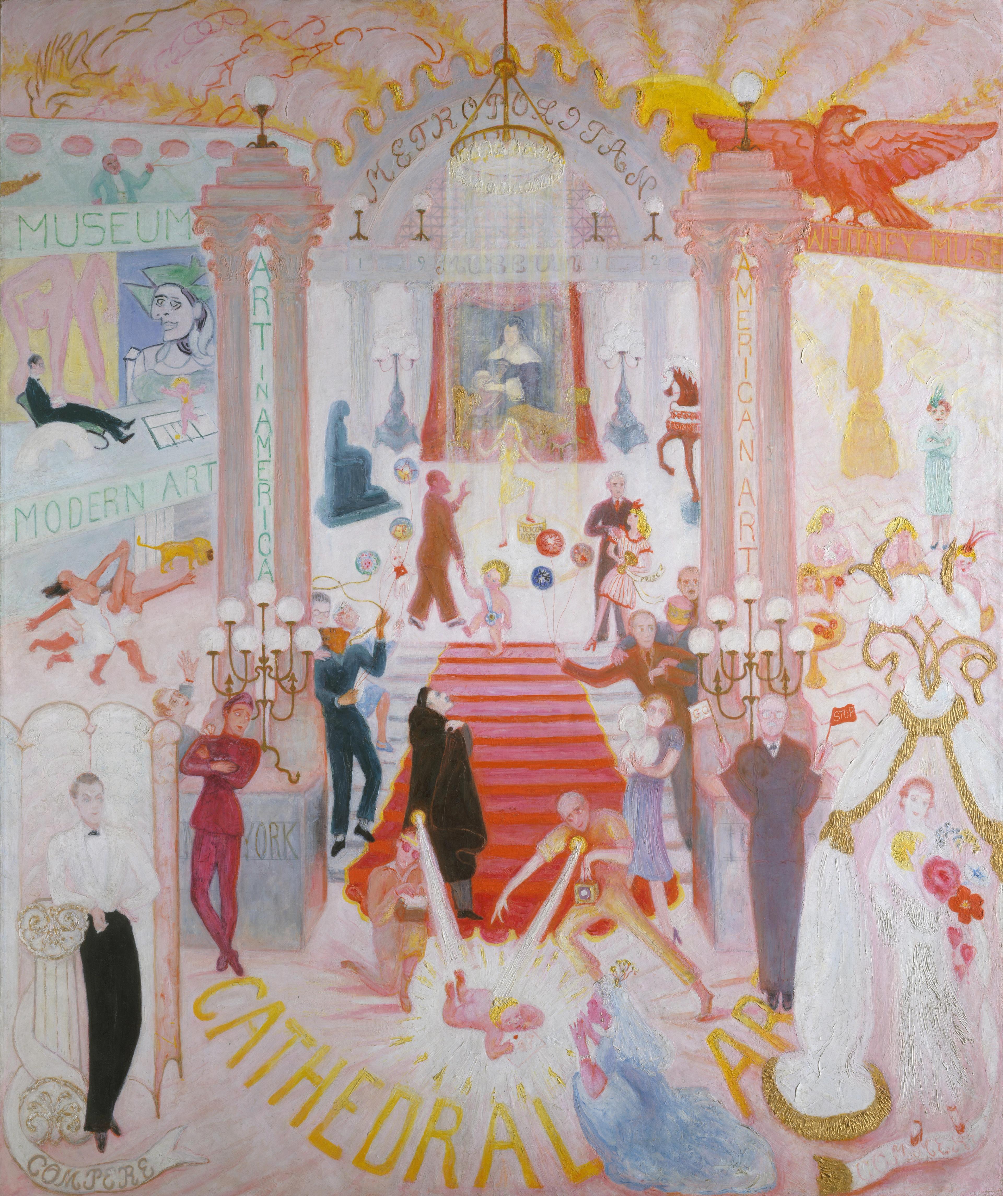 A lively, festive scene in the Great Hall of The Met. Well-dressed guests mingle with artwork brimming with life.