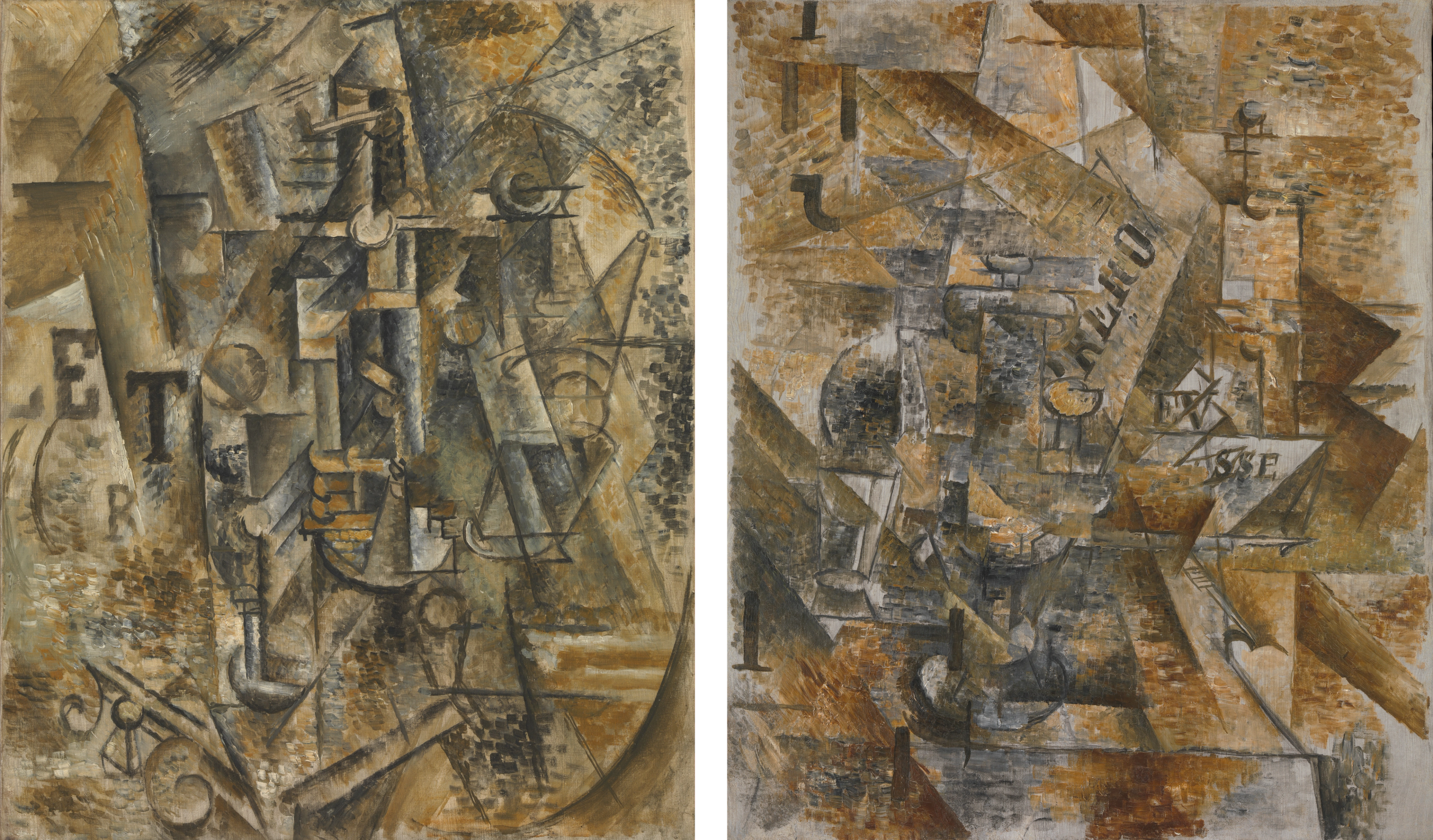 Diptych with Pablo Picasso's "Still Life with a Bottle of Rum" on the left and Georges Braque's "Still Life with Banderillas" on the right.
