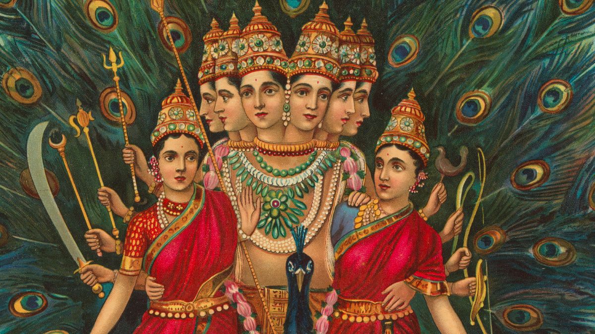A vibrant depiction of a Hindu deity with six heads and twelve arms, each holding a weapon. He stands before a detailed peacock, surrounded by a majestic array of feathers