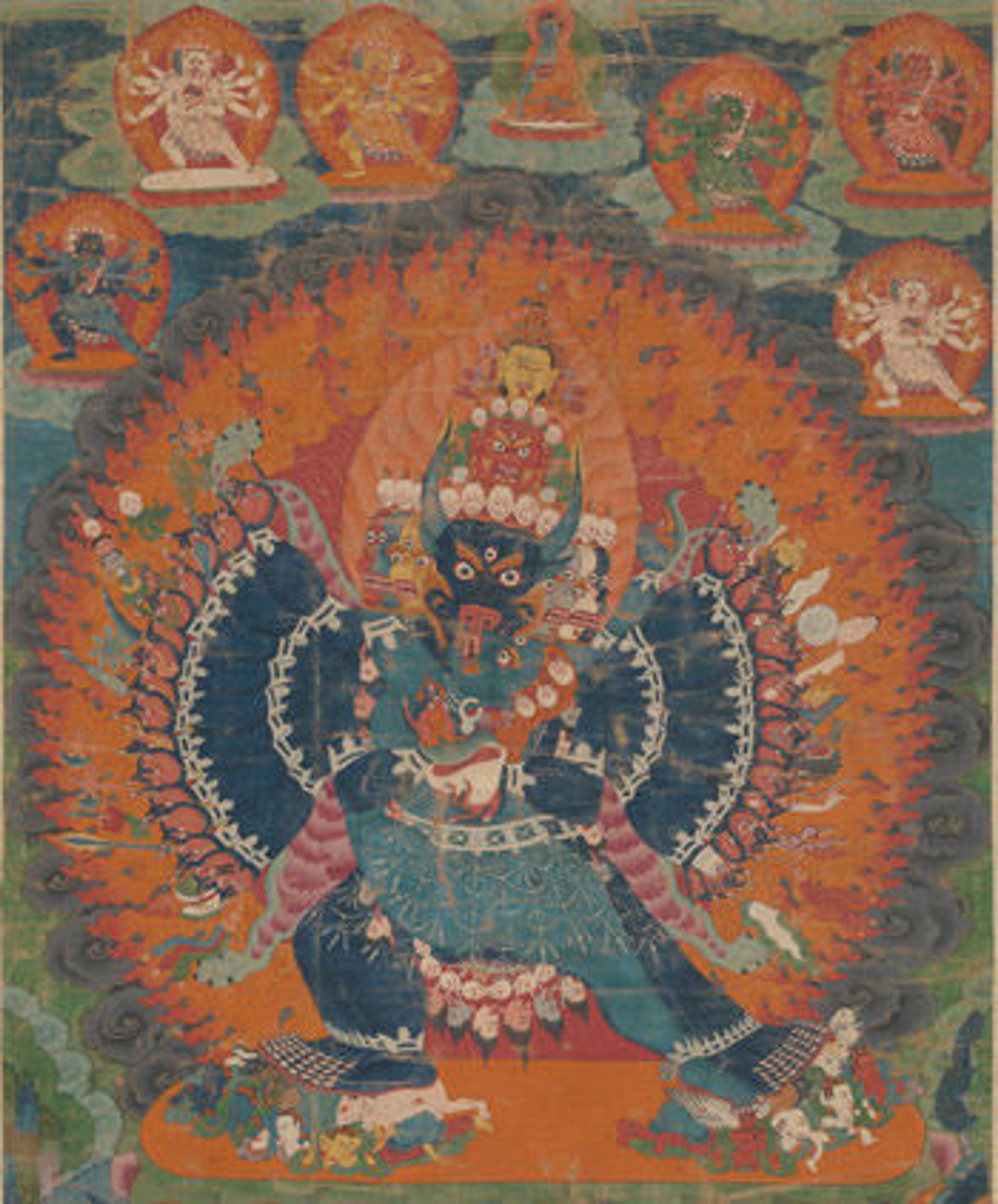 Vajrabhairava with His Consort Vajravetali, 18th century. Tibet. Distemper on cloth; Overall with mounting: 56 x 25 1/2 in. (142.2 x 64.8 cm) Image: 33 15/16 x 20 1/4 in. (86.2 x 51.4 cm) Framed: 51 1/2 x 29 1/2 x 1 1/8 in. (130.8 x 74.9 x 2.9 cm). The Metropolitan Museum of Art, New York, Gift of Mrs. W. de Forest, 1931 (31.128.3)