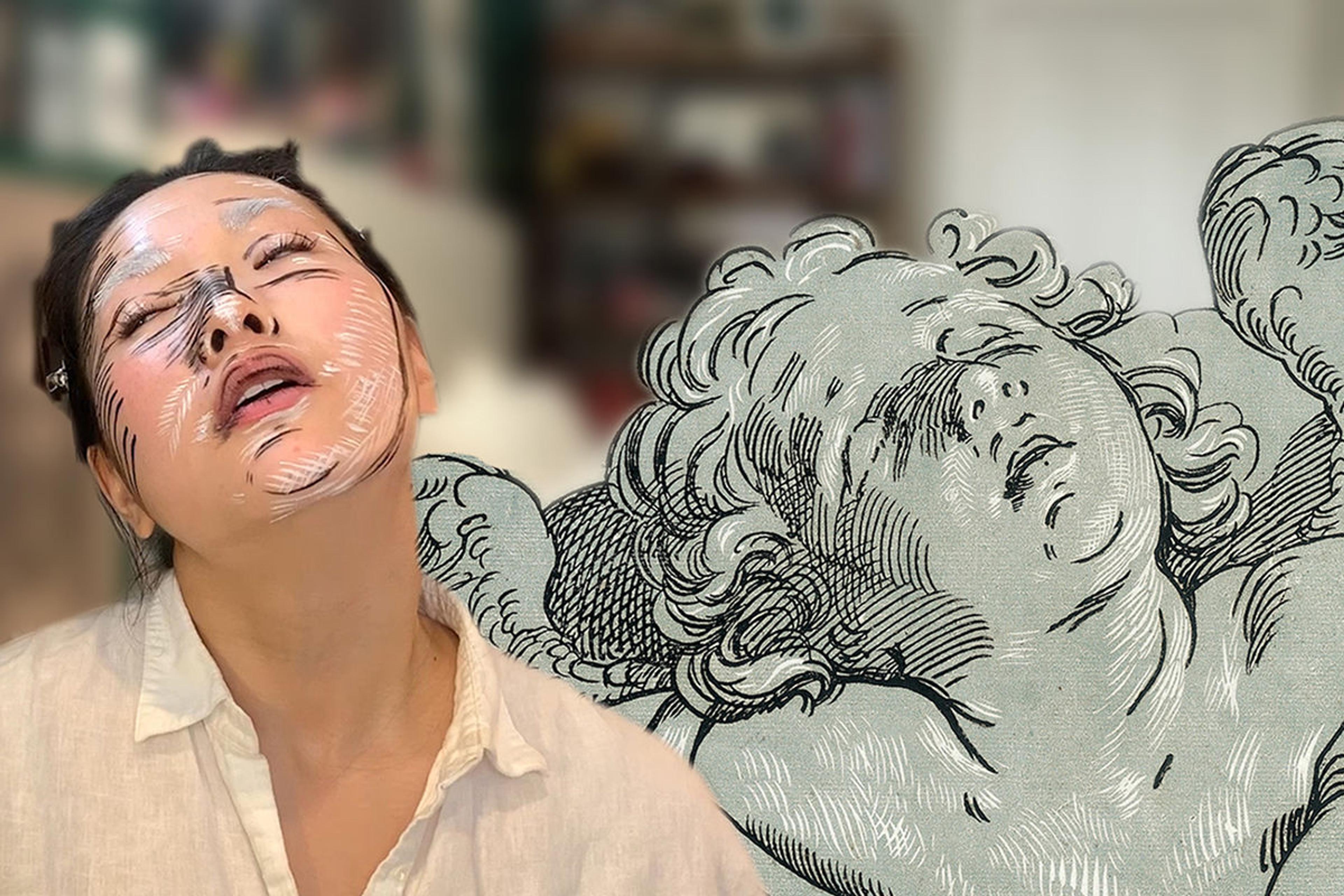 Image of women to the right of a chiaroscuro woodcut with makeup that looks like the woodcut.