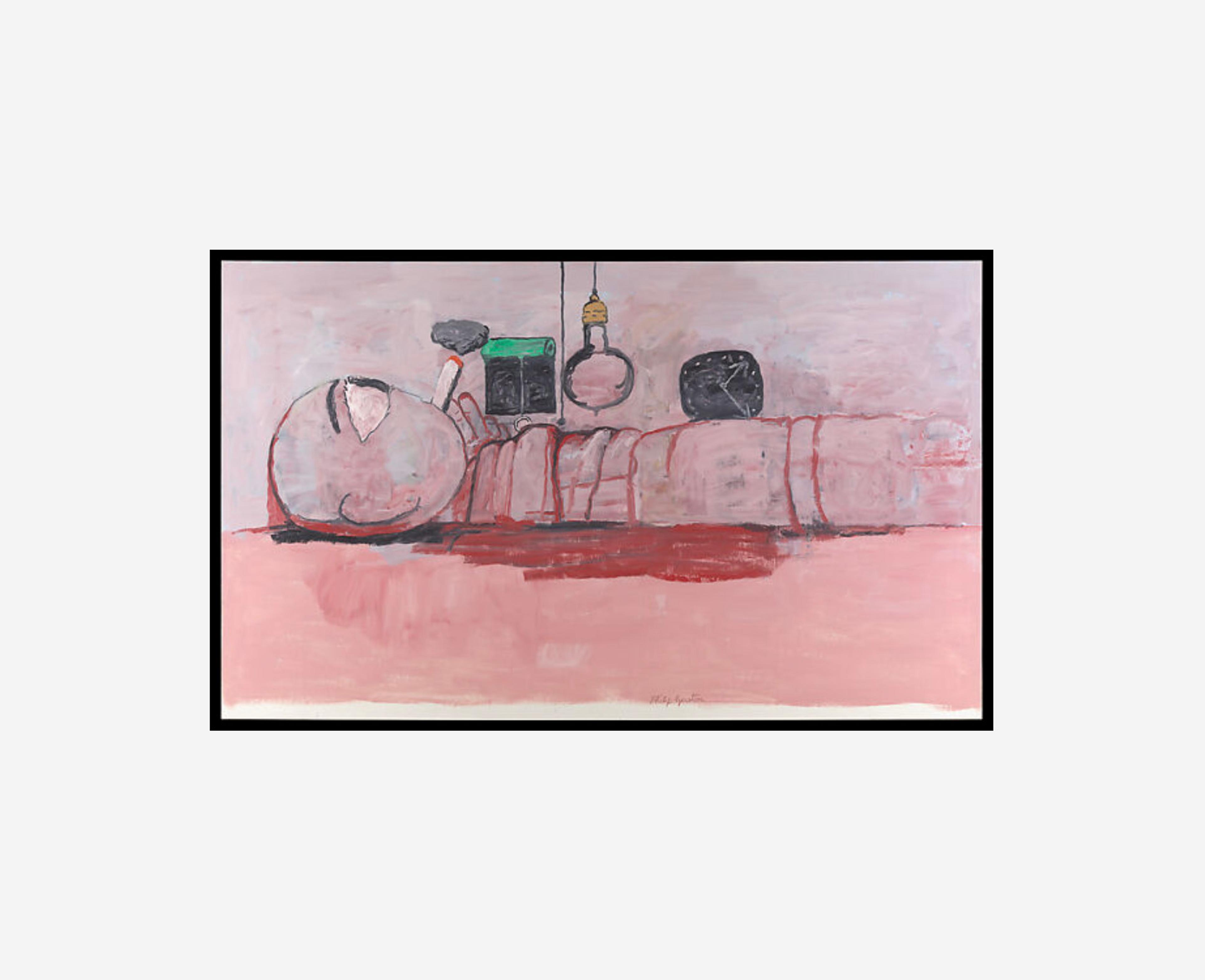 Stylized painting of a reclining figure outlined in loose pink and red brushstrokes, smoking a cigarette, with simplified objects like a lightbulb and a clock included in the frame.