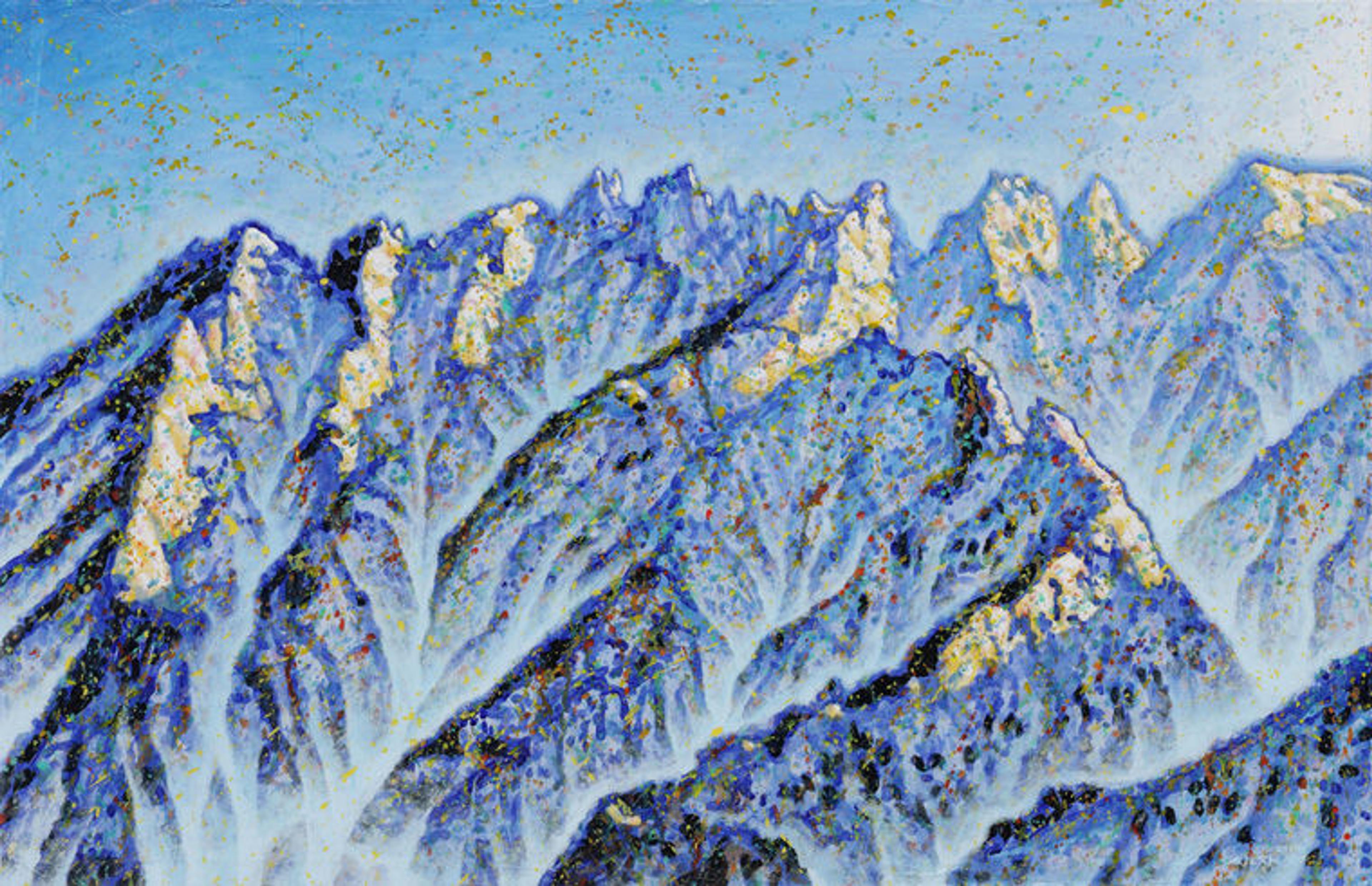 Painting of the Cheonhwadae Peaks of Mount Geumgang by Shin Jangskik, using blue and white acrylic paint
