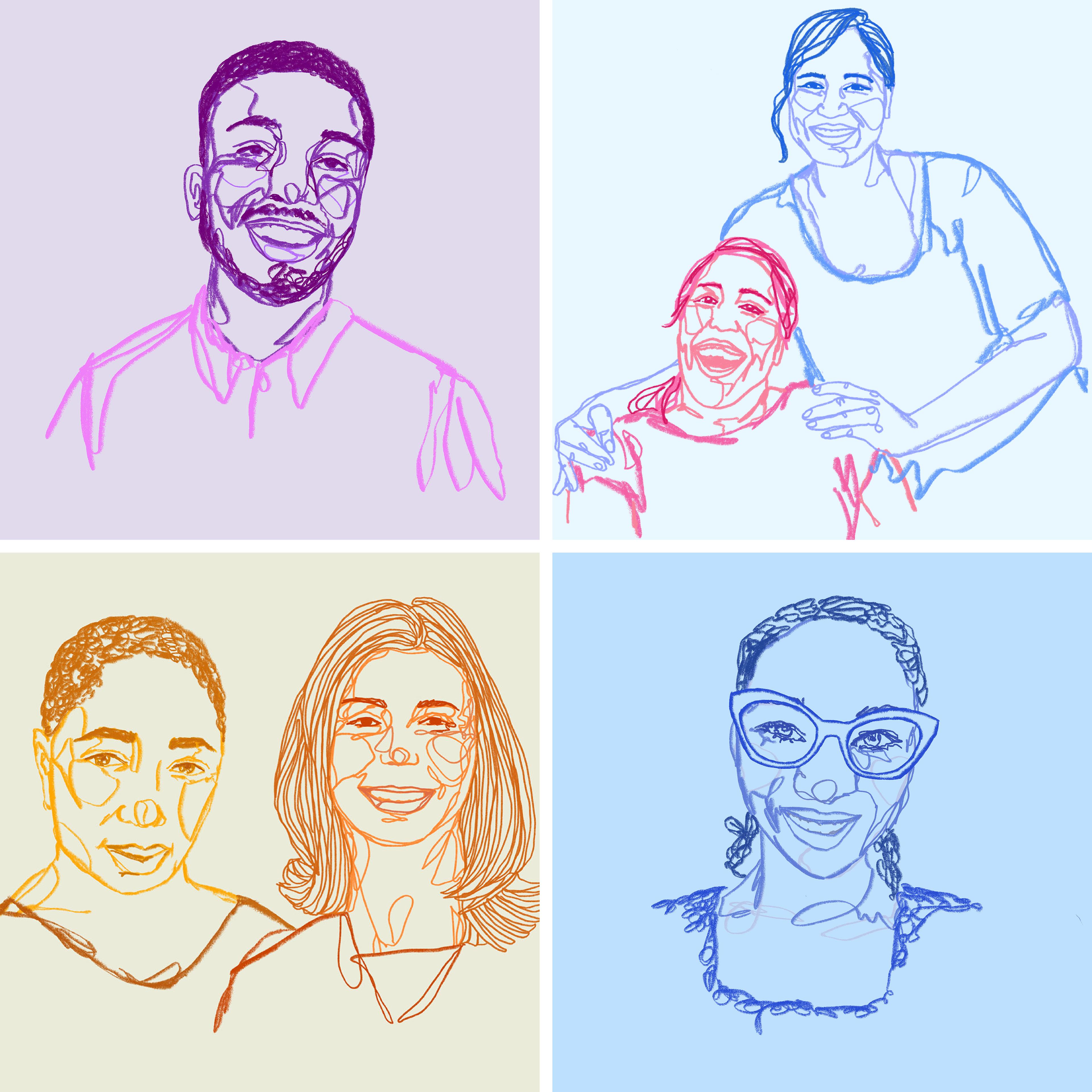 Abstract line drawings of four individuals arranged in a grid with different background colors: a smiling man in purple on a lavender background (top left), bold red background with text reading 'Frame of Mind' with 'Mind' displayed upside down (top right), two people in orange on a beige background (bottom left), and a woman in blue with glasses on a light blue background (bottom right).
