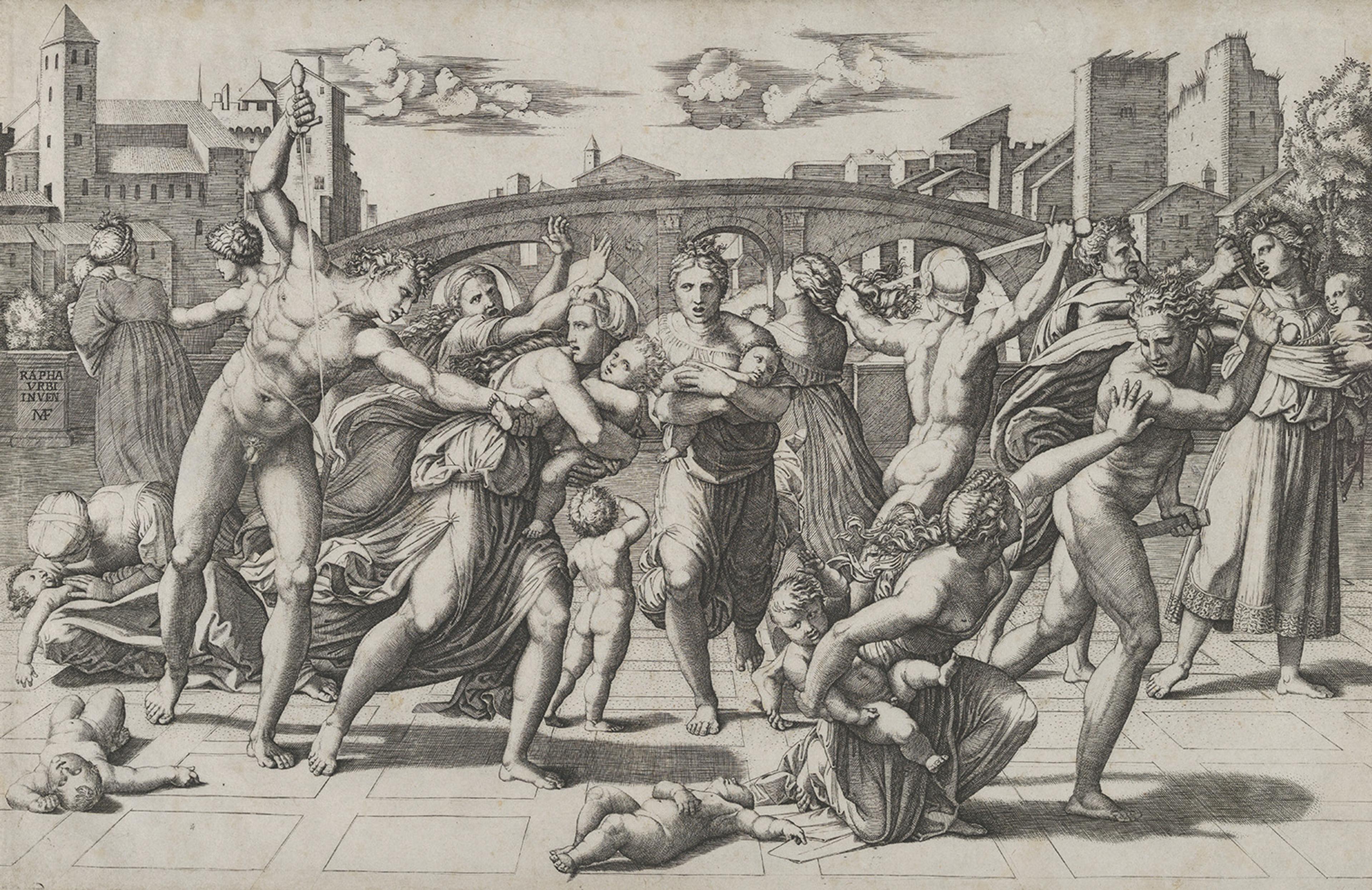 Engraving depicts chaotic scene of anguish with clothed women and nude men struggling over infants. Background features a bridge and ancient buildings.