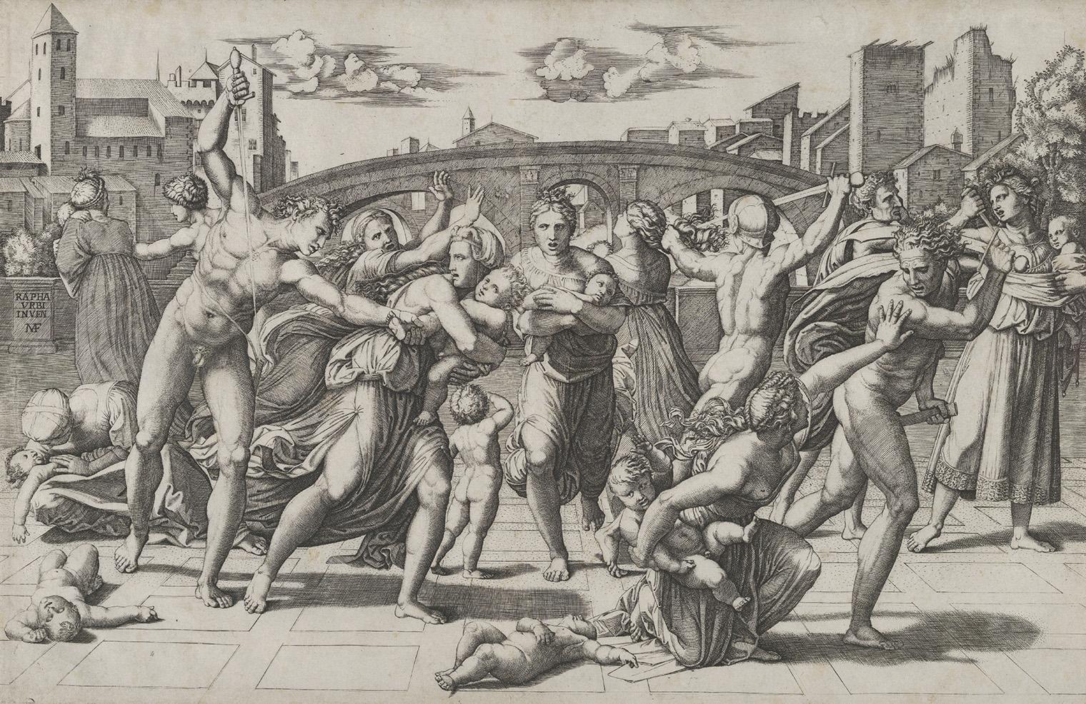 Engraving depicts chaotic scene of anguish with clothed women and nude men struggling over infants. Background features a bridge and ancient buildings.