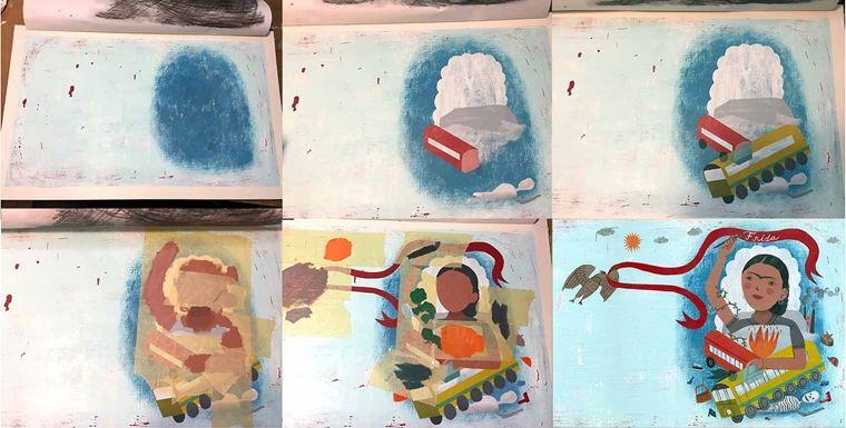 A painting of Frida Kahlo scene in six steps of its creation process, organized into two rows of three images each. In the first image, a dark blue background is painted over a wider light blue background. In the final image, Frida Kahlo is shown in full color. Train cars and a flame are tucked under her left arm and her right arm is raised with a brush in her hand. A skeleton waves from beneath one train car. On the left page, an Eagle holds a banner which flows across and behind her raised hand.
