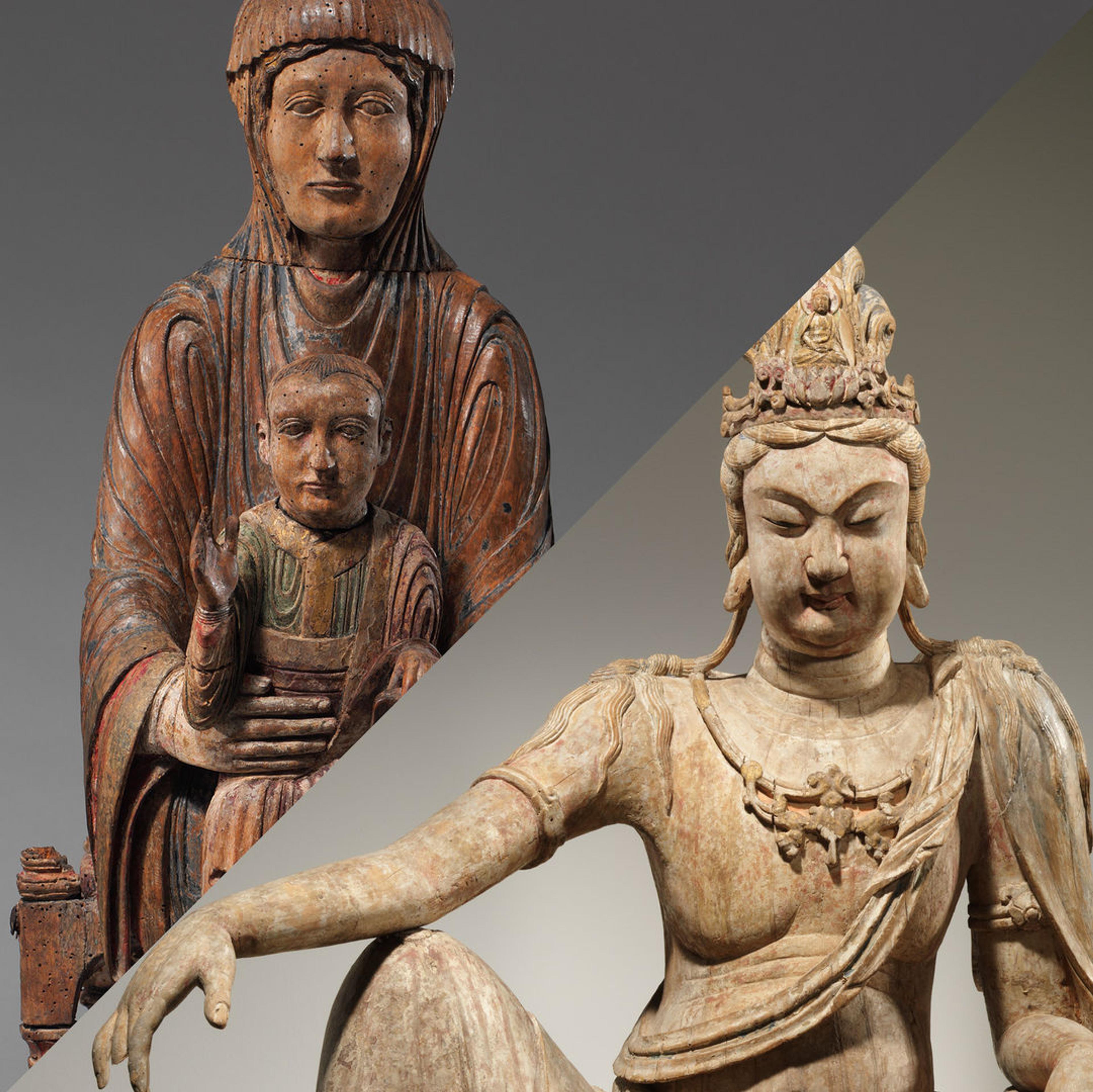 Left: A wooden sculpture of a woman holding an infant child. Right: A stone sculpture of a lounging figure