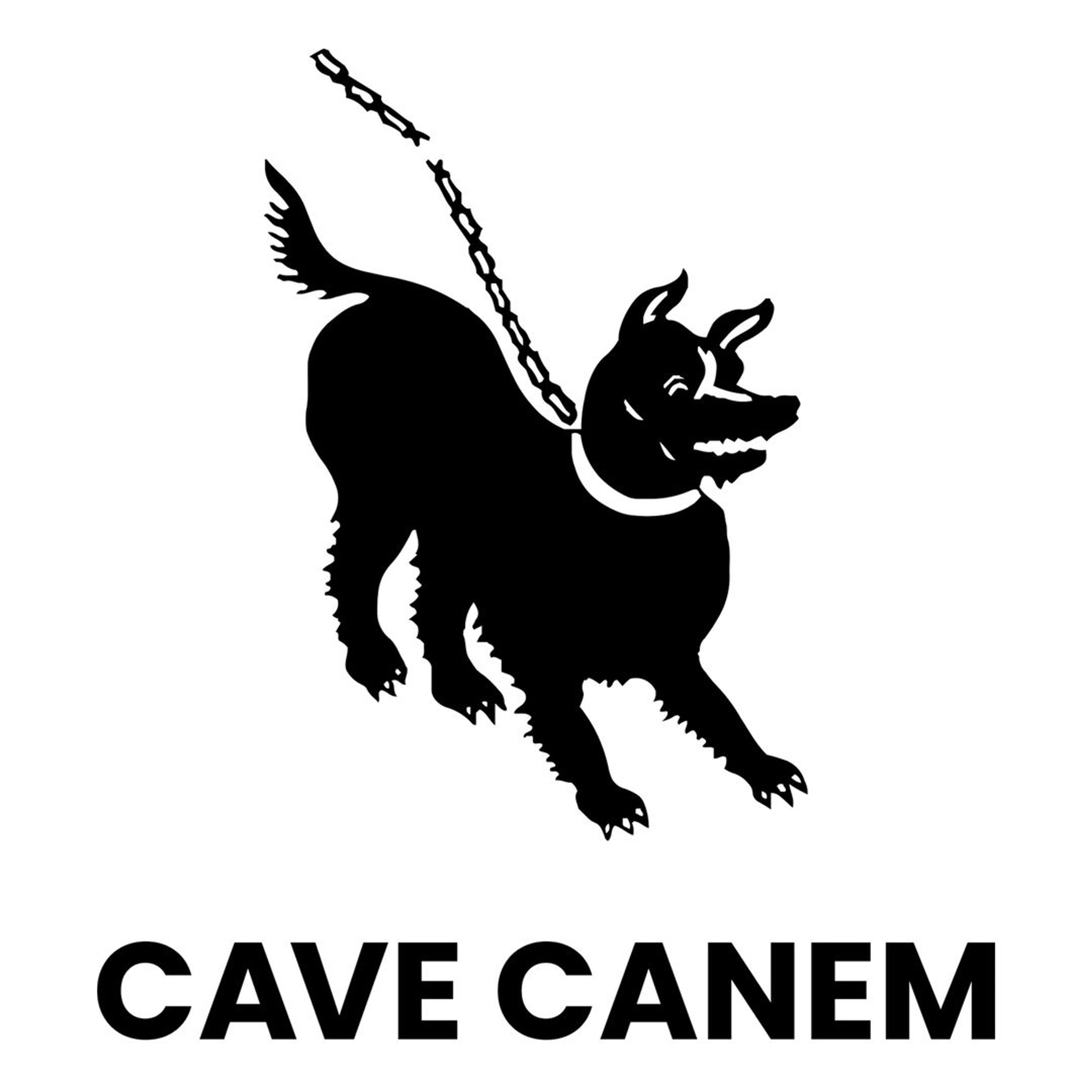 Black graphic of a leashed dog and text that reads "Cave Canem"