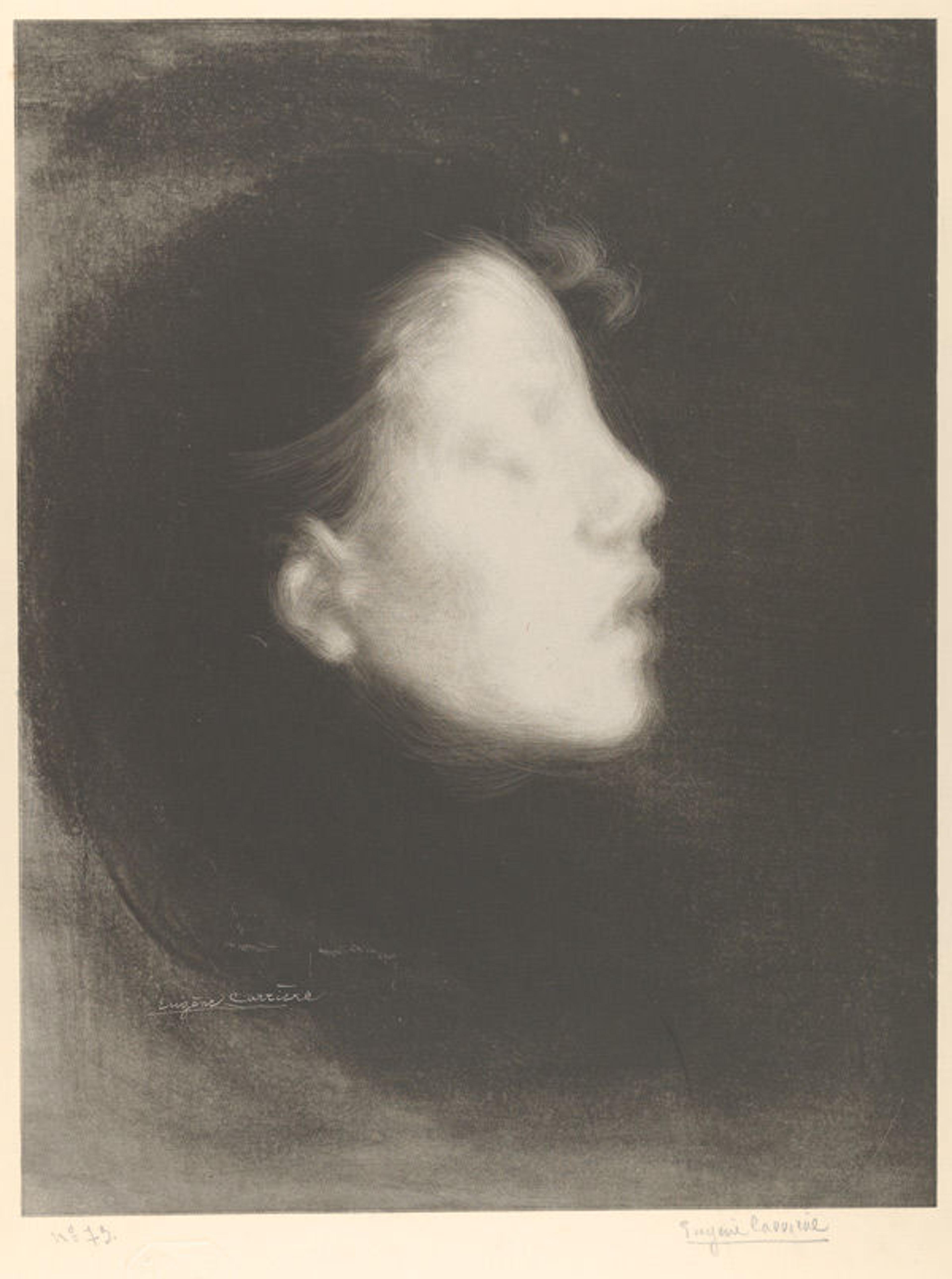 Head of a Woman (from L'Estampe originale, Album IX), 1895. Eugène Carrière (French, 1849–1906). Publisher André Marty (French, born 1857). Lithograph; Image: 18 5/16 × 14 1/16 in. (46.5 × 35.7 cm). Sheet: 23 5/8 × 16 7/8 in. (60 × 42.9 cm). The Metropolitan Museum of Art, New York, Rogers Fund, 1922 (22.82.1-83)