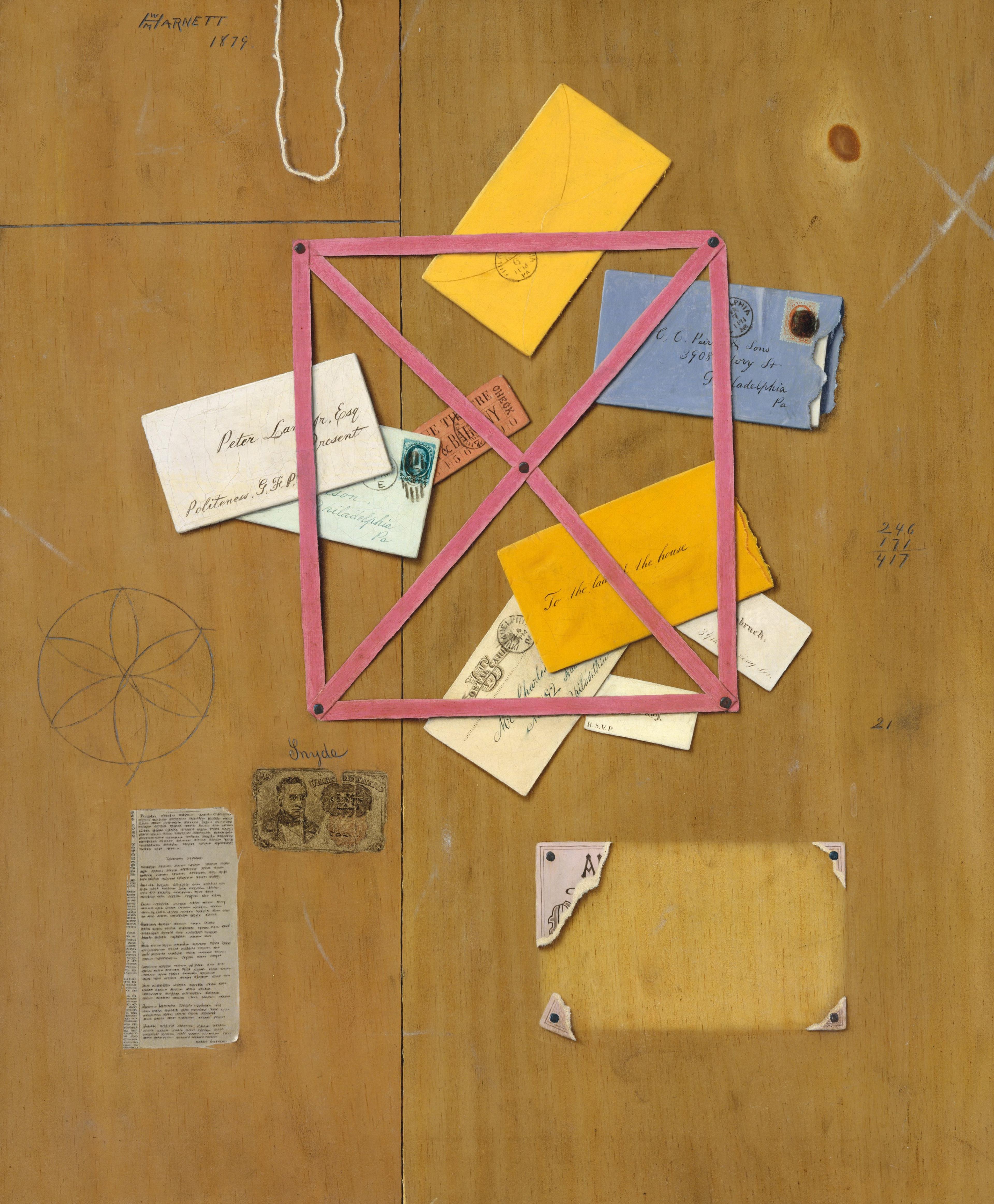 A tromp l'oeil painting of a letter rack.