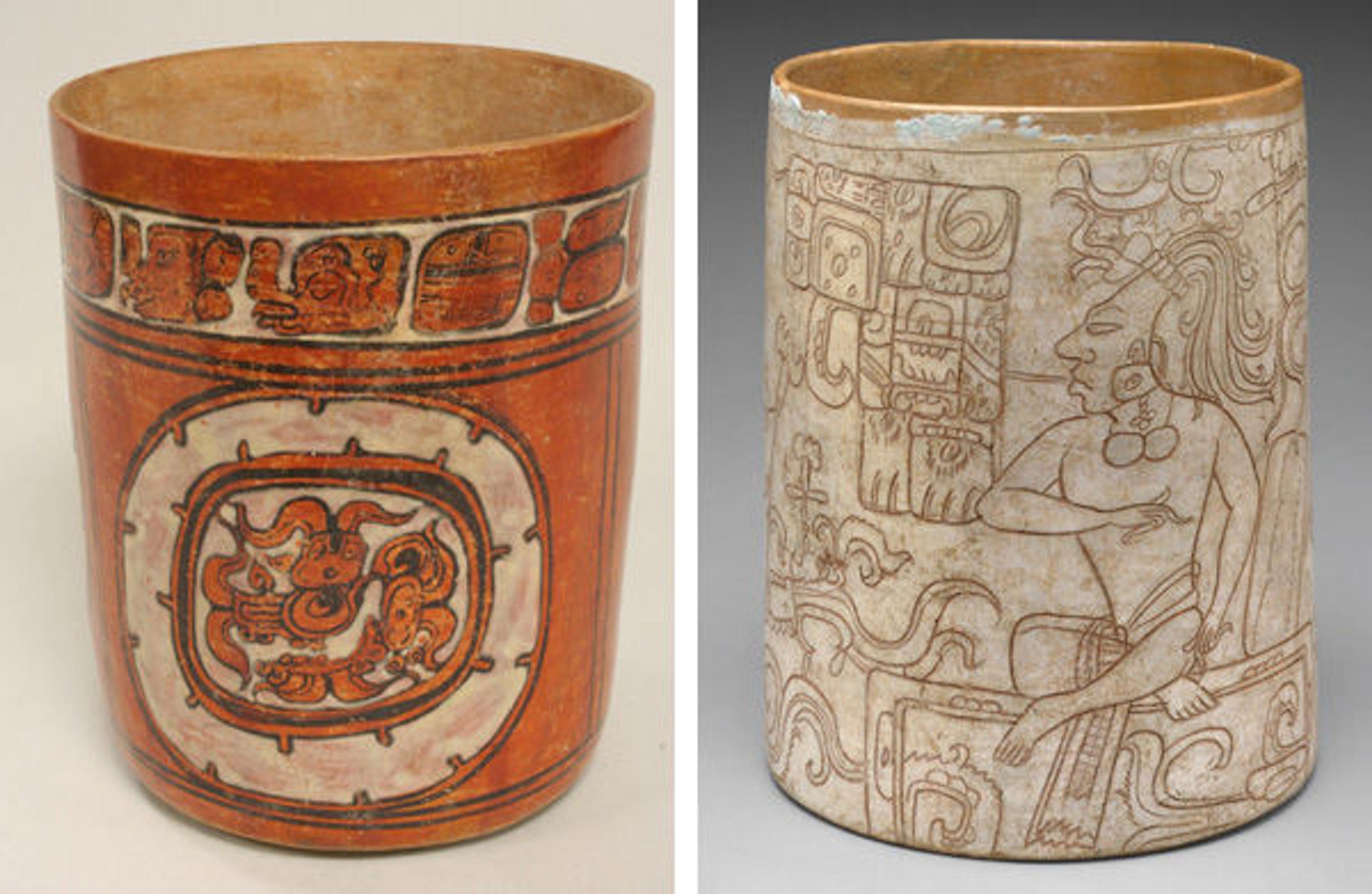 Left: Cylindrical vessel, 6th–9th century | The Metropolitan Museum of Art, Anonymous Gift, 2005 | 2005.435. Right: Vessel with seated lord, 7th–8th century | The Metropolitan Museum of Art, Purchase, Joseph Pulitzer Bequest, 1992 | 1992.4