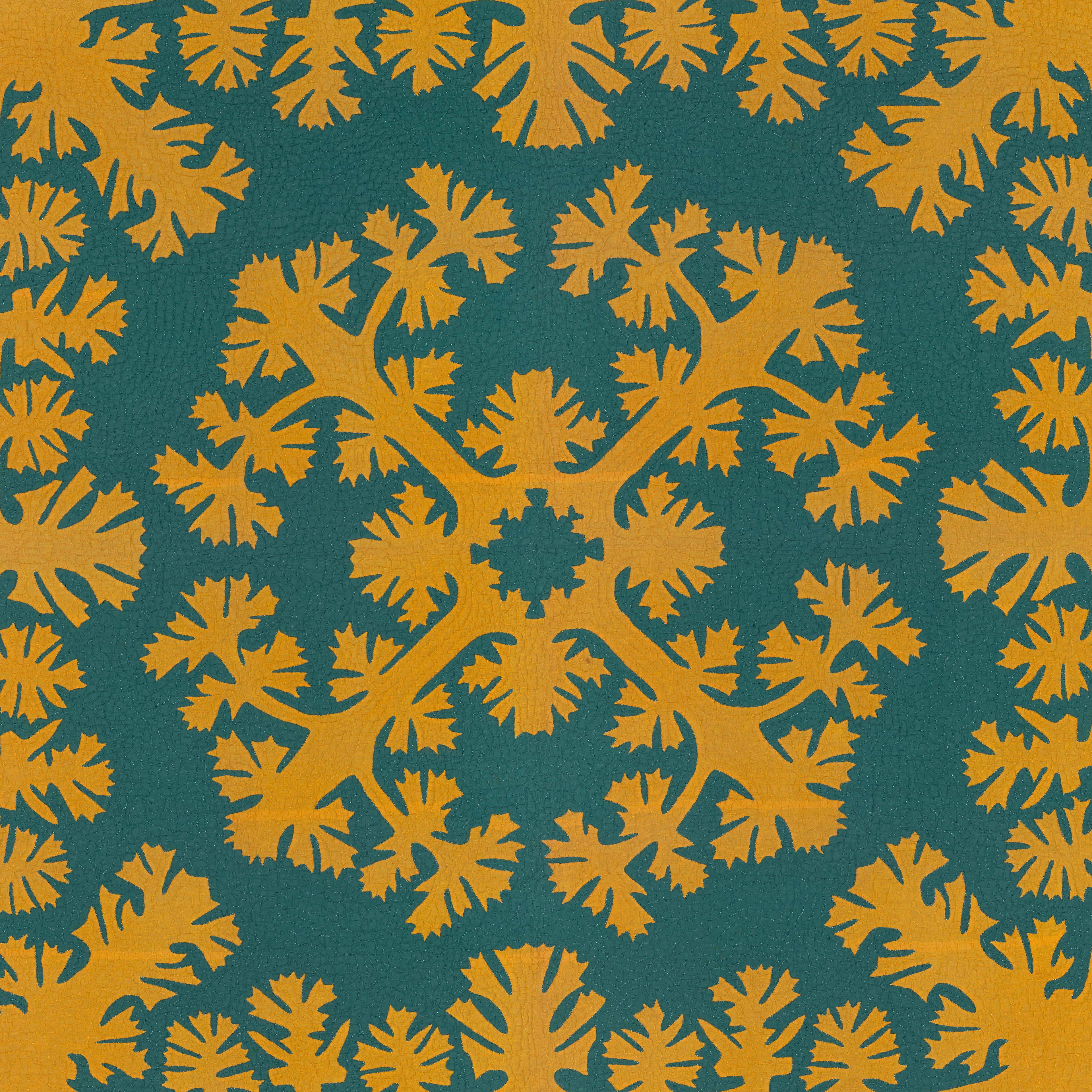 Yellow and teal Hawaiian Quilt, Lei Mamo pattern