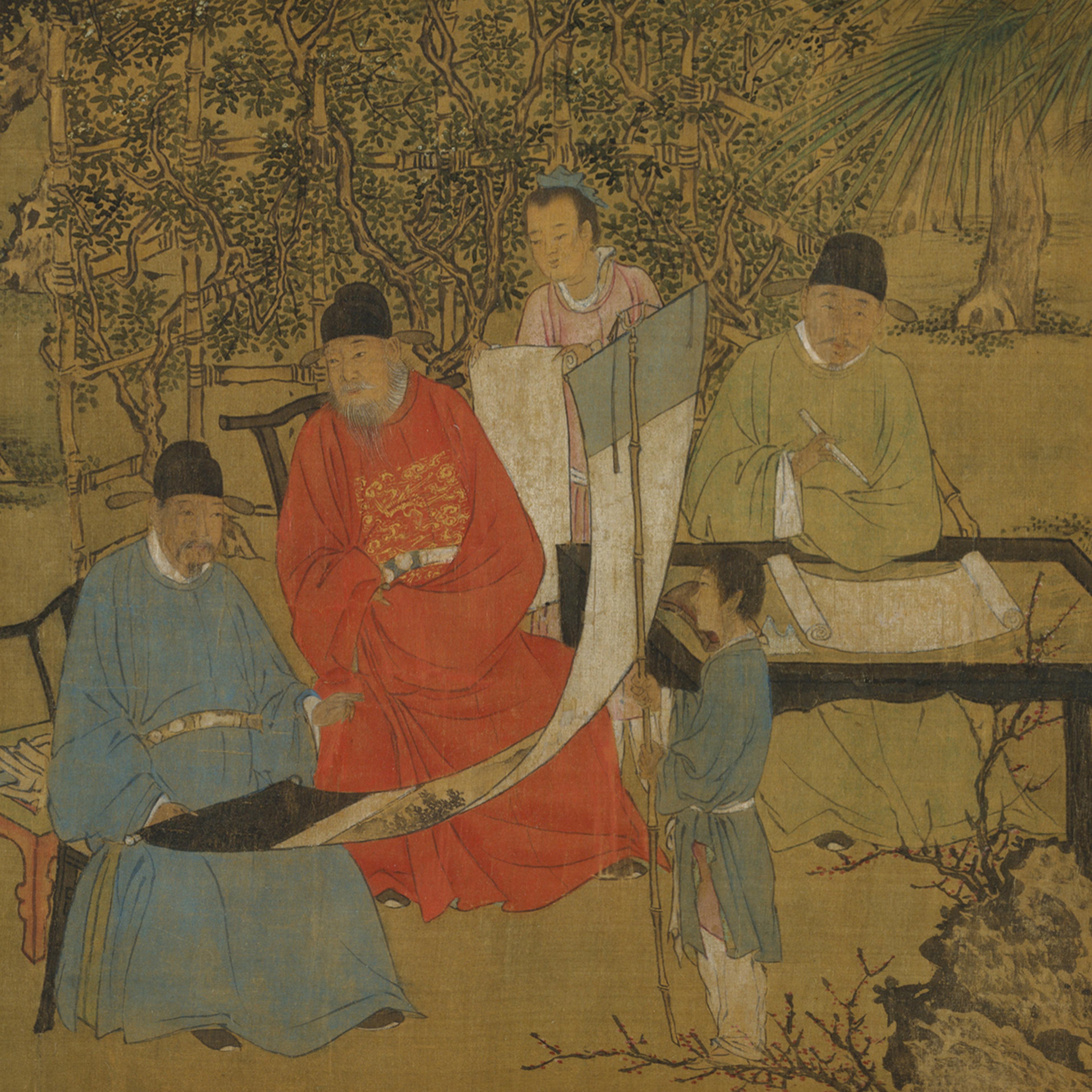 Close-up of a Chinese handscroll with gathering of three scholars and three younger attendants in a garden