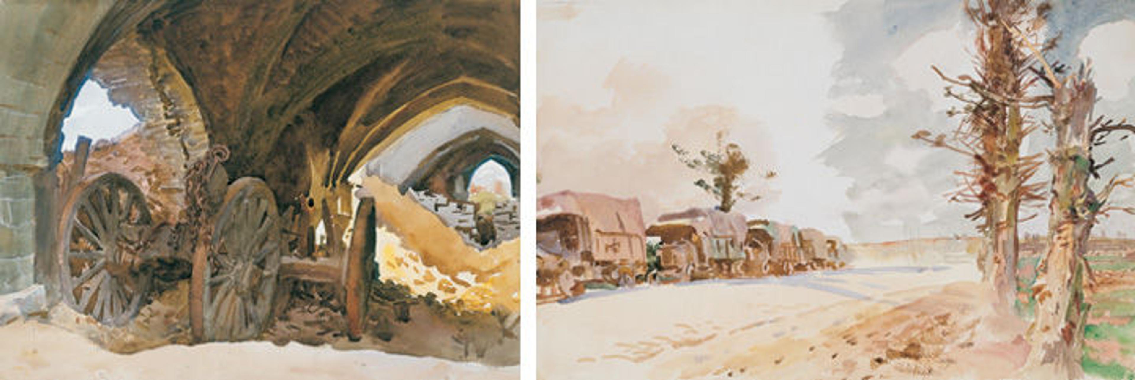 Two World War I watercolors by John Singer Sargent: 'Wheels in Vault' (left), showing a cannon amidst the rubble of a church; and 'Truck Convoy' (right), depicting a line of trucks against a barren road