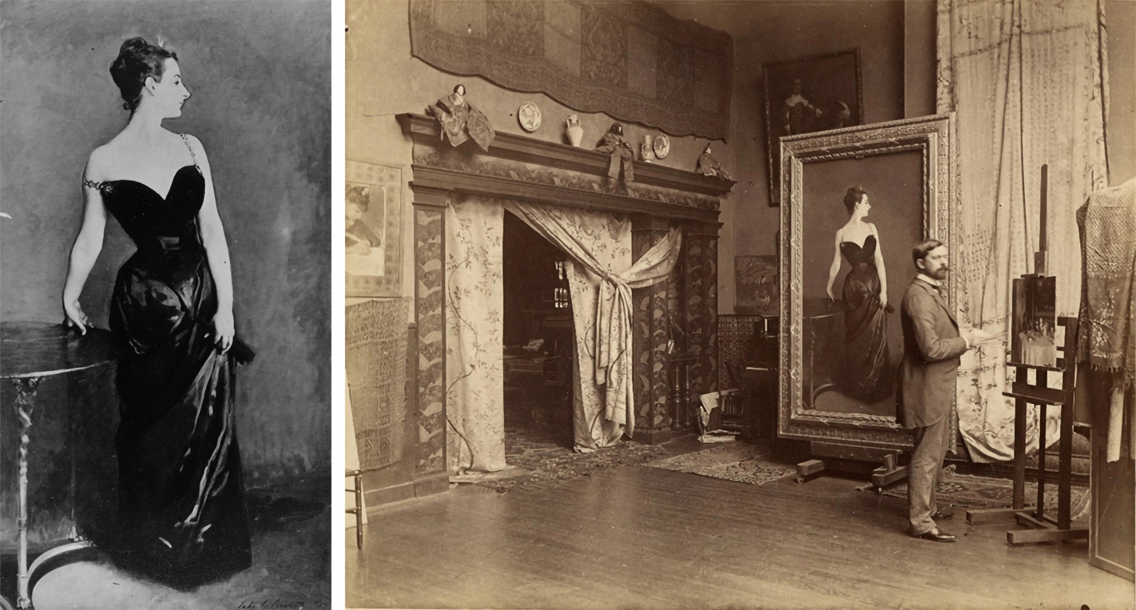 Diptych showing a photograph of Sargent's Madame X in 1884, at left, and a photograph of Sargent in his Paris Studio with Madame X in 1886, at right.