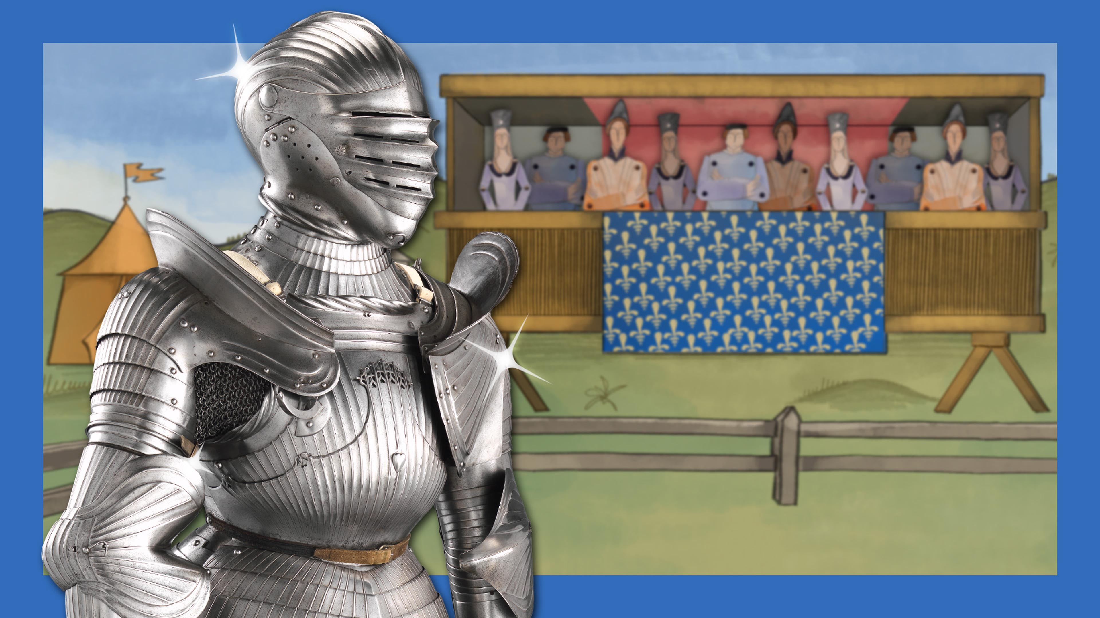 A sparkling, silver suit of armor with a box of onlookers in the background.