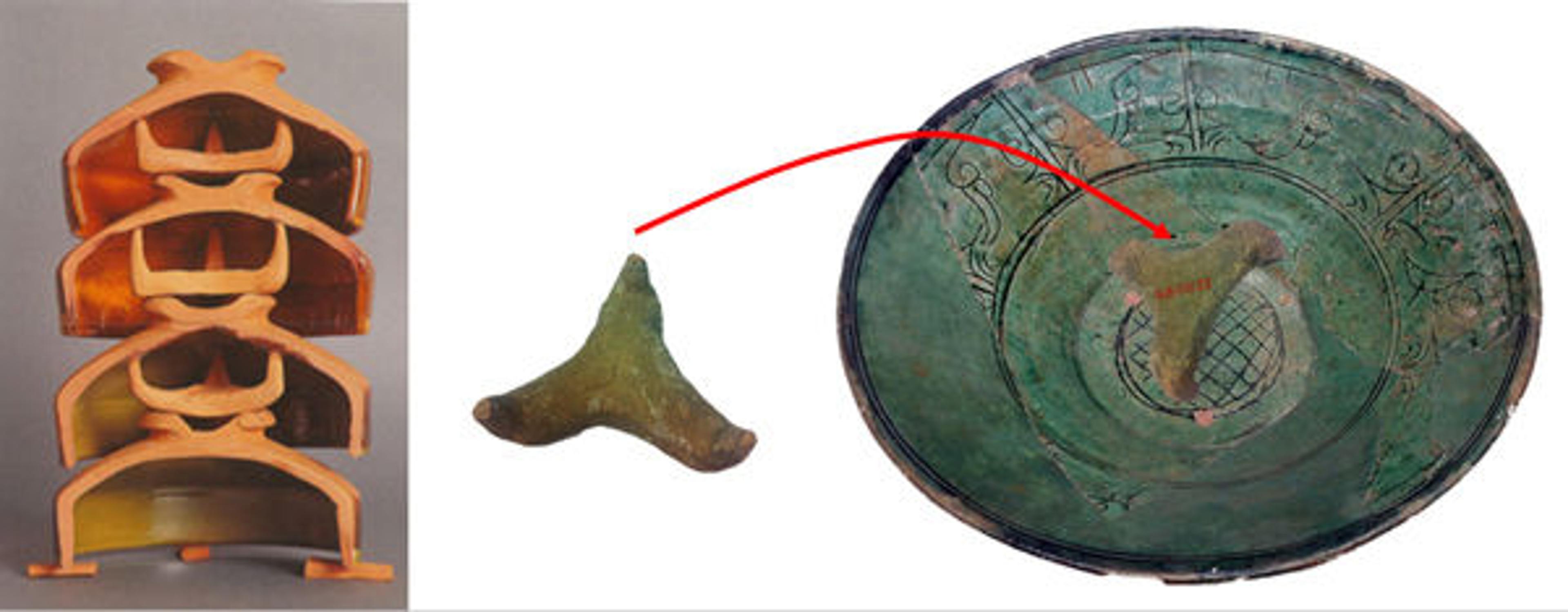 Fig. 5: Left: Modern reproduction of how bowls were stacked into each other (photo courtesy of The Fitzwilliam Museum). Right: Example of how a stilt found at Nishapur perfectly fit into a partly reconstructed green monochrome bowl.