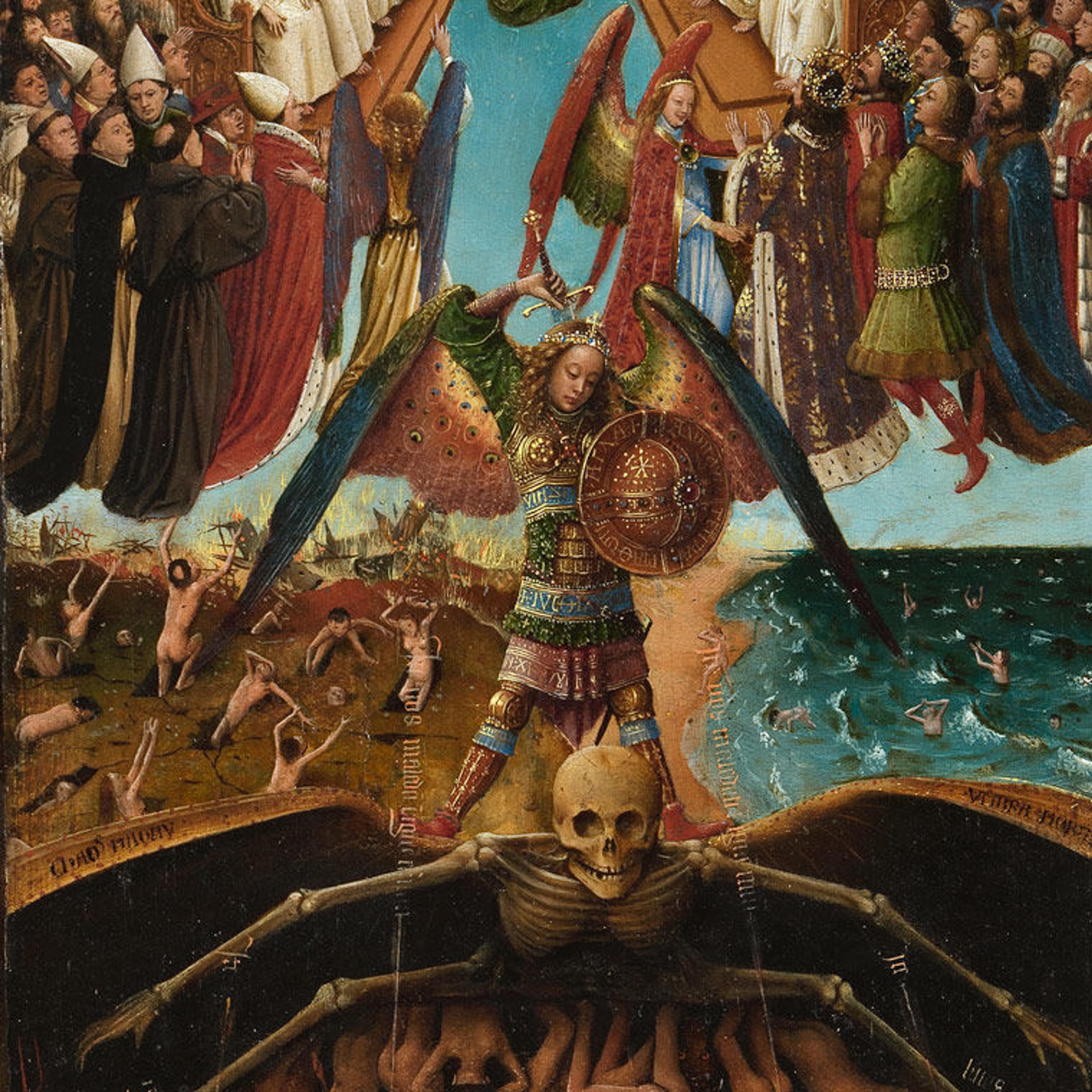 Detail view of Jan van Eyck's "Last Judgment" depicting the archangel Michael raising a sword above a bat-like skeleton