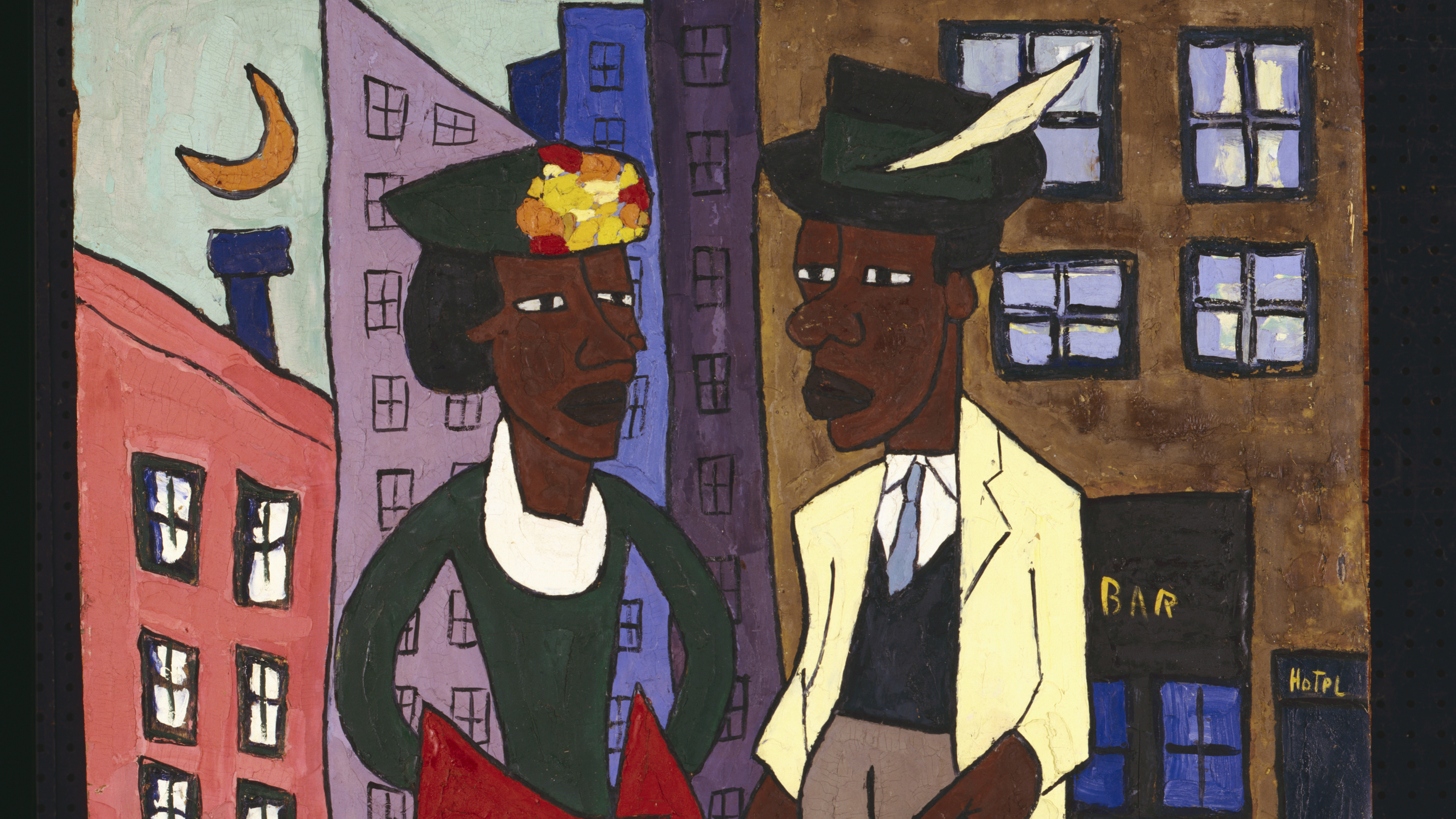 A vibrant painting features two figures with stylized faces in a cityscape, surrounded by colorful buildings