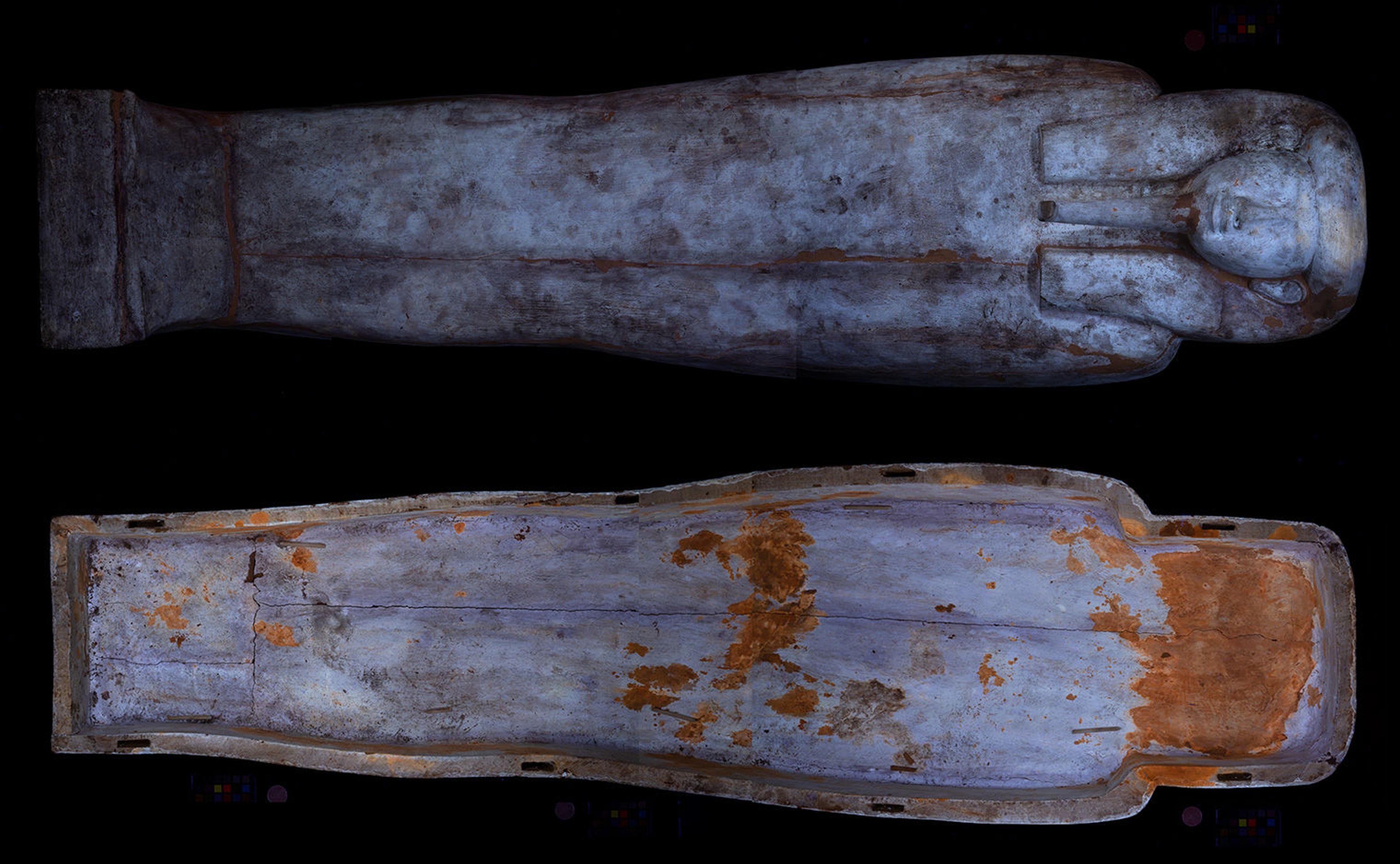 Two images of a coffin in the shape of a wrapped human on a pedestal, with the lid on the top and the box on the bottom. The color is slightly blue-purple.