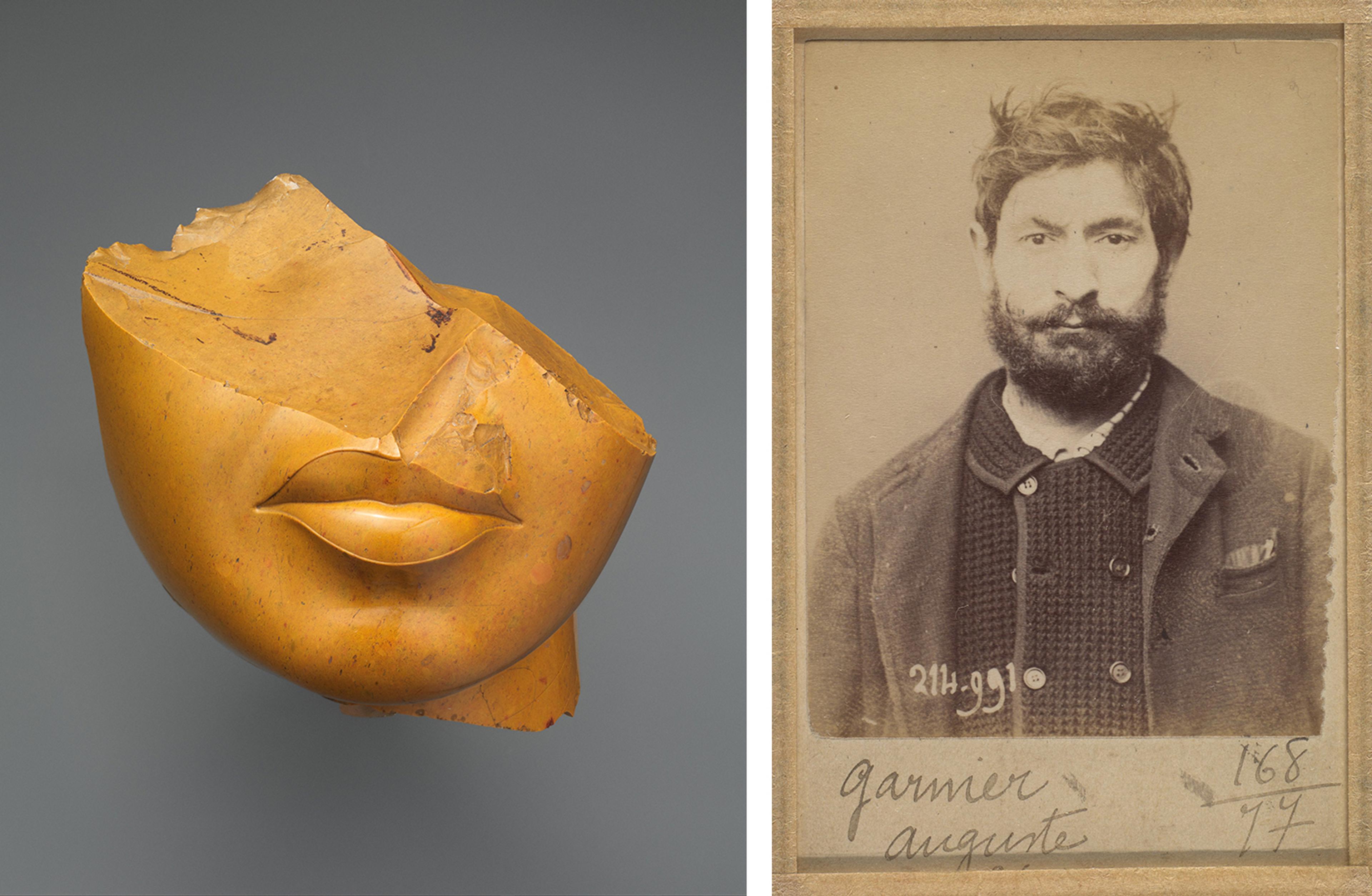 Composite image. On the left is a yellow jasper fragment of an Egyptian queens face where you can only see her lips. On the right is a sepia photograph of a man with a mug shot. 