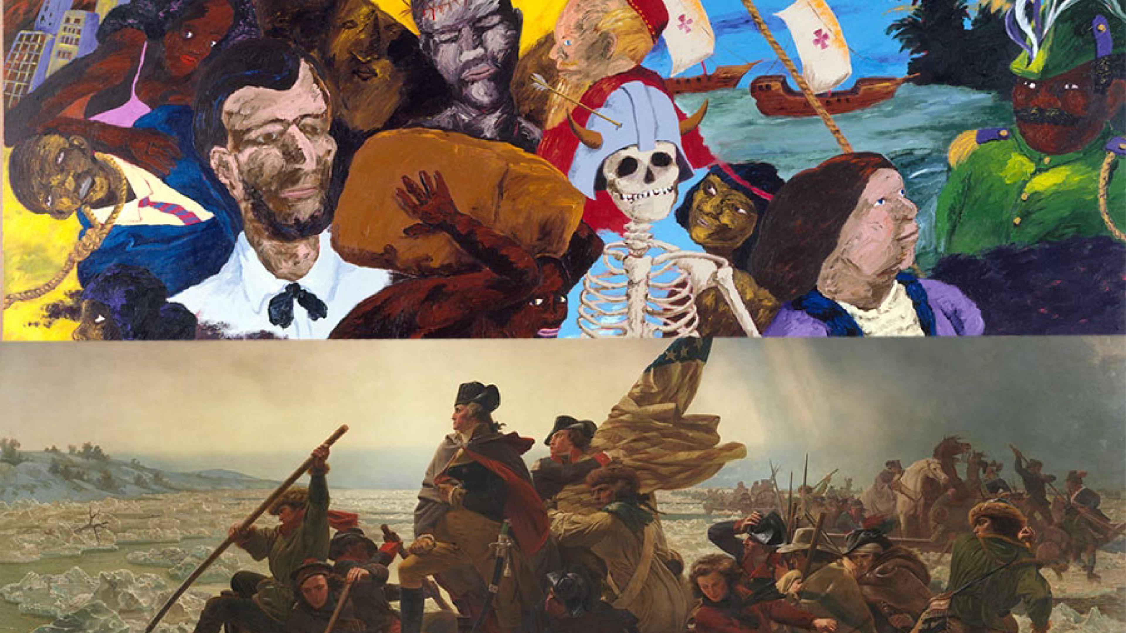 Diptych of a blocky historical scene at top, and the iconic image of George Washington on a boat on the icy Delaware River at bottom.