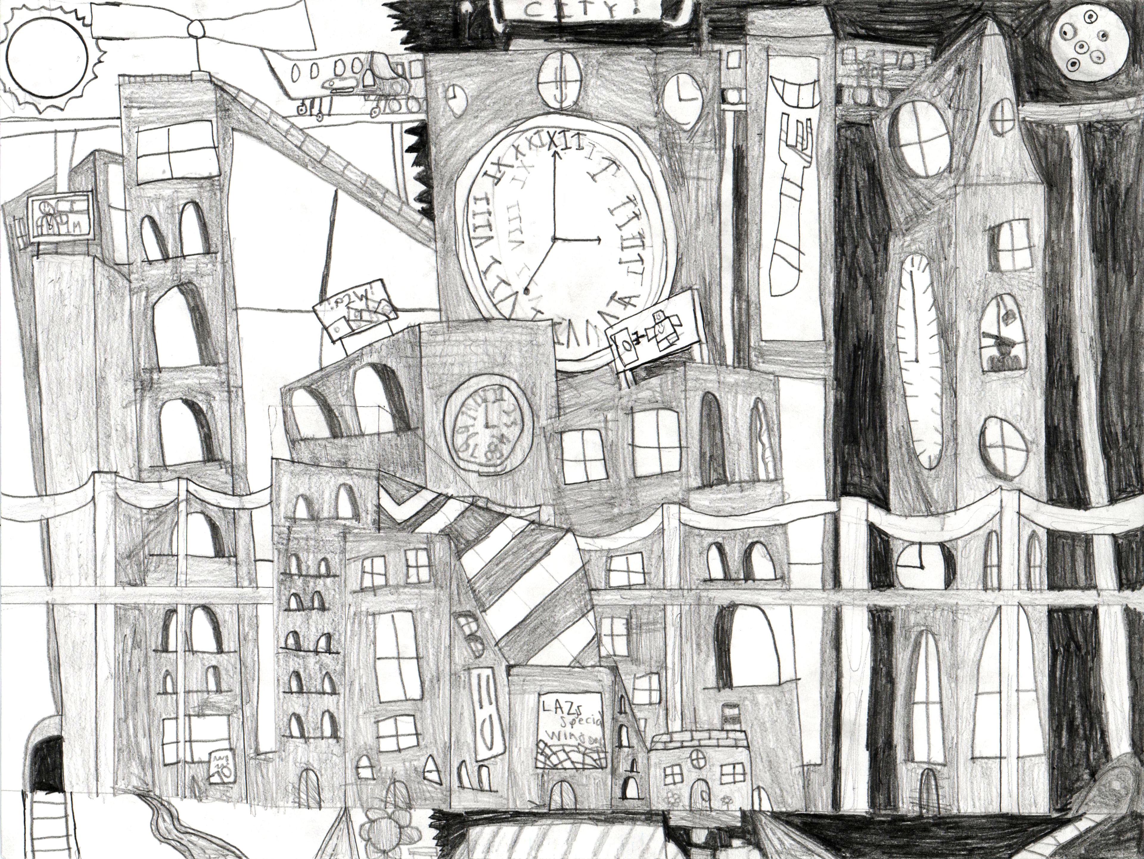 Black, white, and gray pencil drawing of an urban scene of tall buildings. A large, prominent clock sits high near the roof of a building in the center of the illustration, with smaller clocks shown on other buildings below and to the right. A train tunnel with emerging tracks is shown at the bottom left corner of the illustration. Billboards sit on rooftops of some of the tall buildings. The left side of the drawing is shown in daylight with a shining sun at the top left corner. The right side of the drawing is shown at night with a full moon at the top right corner. An elevated suspension bridge runs horizontally across the lower portion of the image, with another bridge drawn far above among the roofs of the tall buildings.