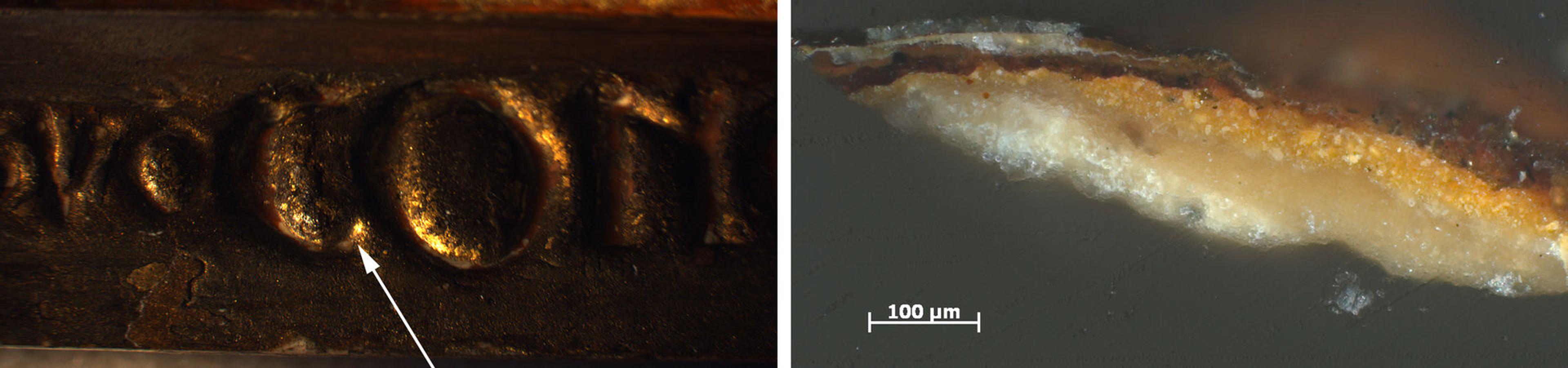 Left: Detail view of one section of the frame for Jan van Eyck's "The Last Judgment." Right: Cross-section of the frame's lettering under 200x magnification