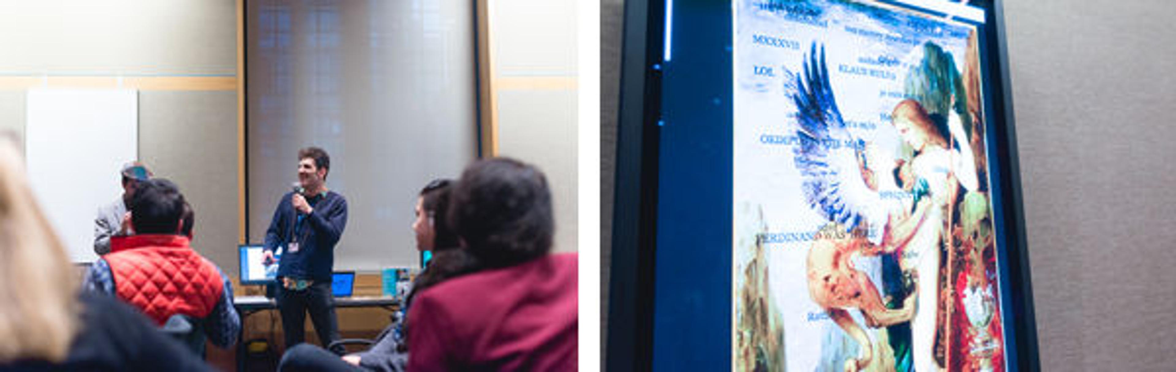 Left: Michael Anzuoni unveils AlterMet, a wifi-hijacking micro-internet. Right: A screenshot of one implementation of AlterMet