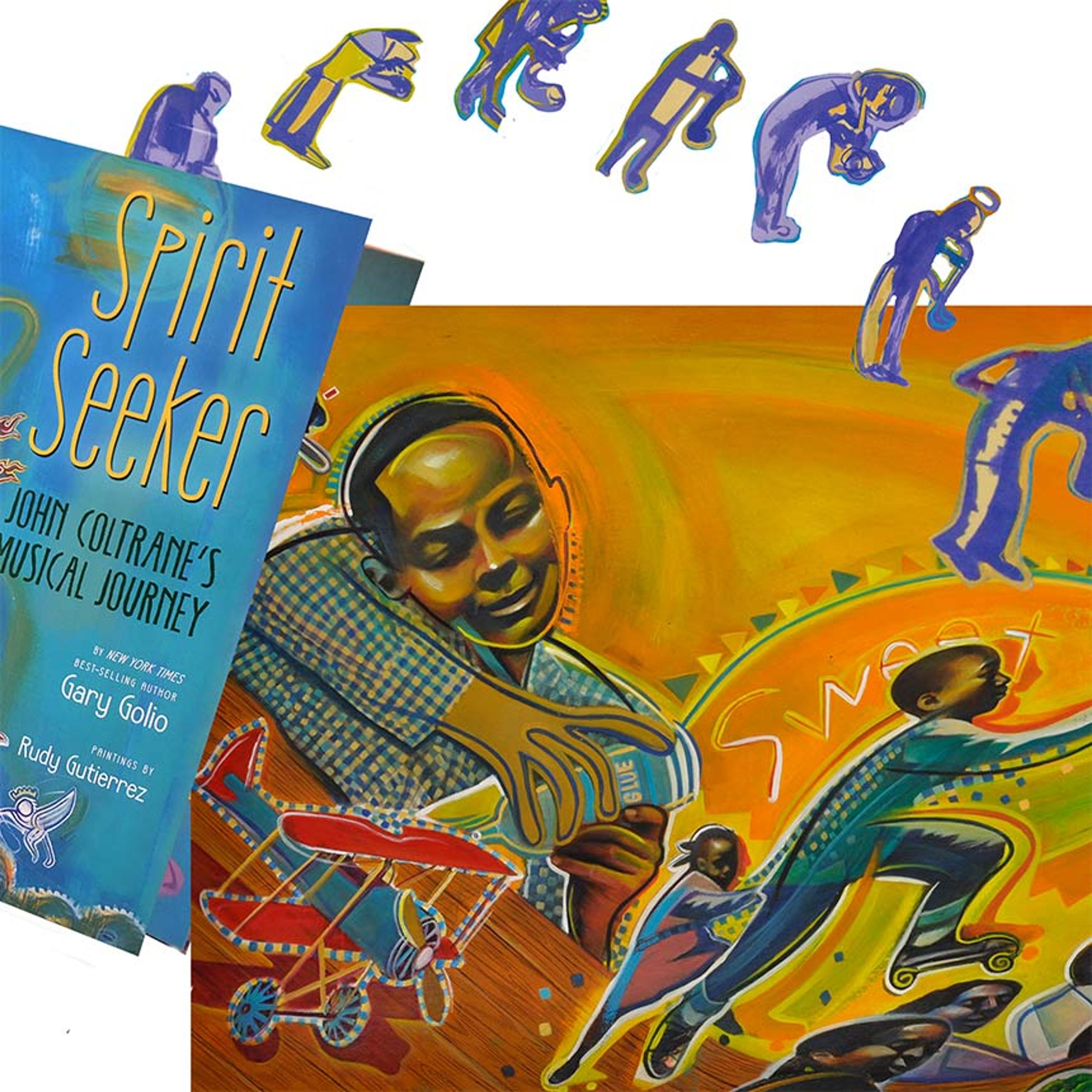 A detail from the art of the book Spirit seeker illustrated by Rudy Gutierrez. A painting of a young man leaning against an instrument with a biplane flying past him in impressionistic hues of red, green, and orange. Above, purple figures dance onto the page in a curved line.