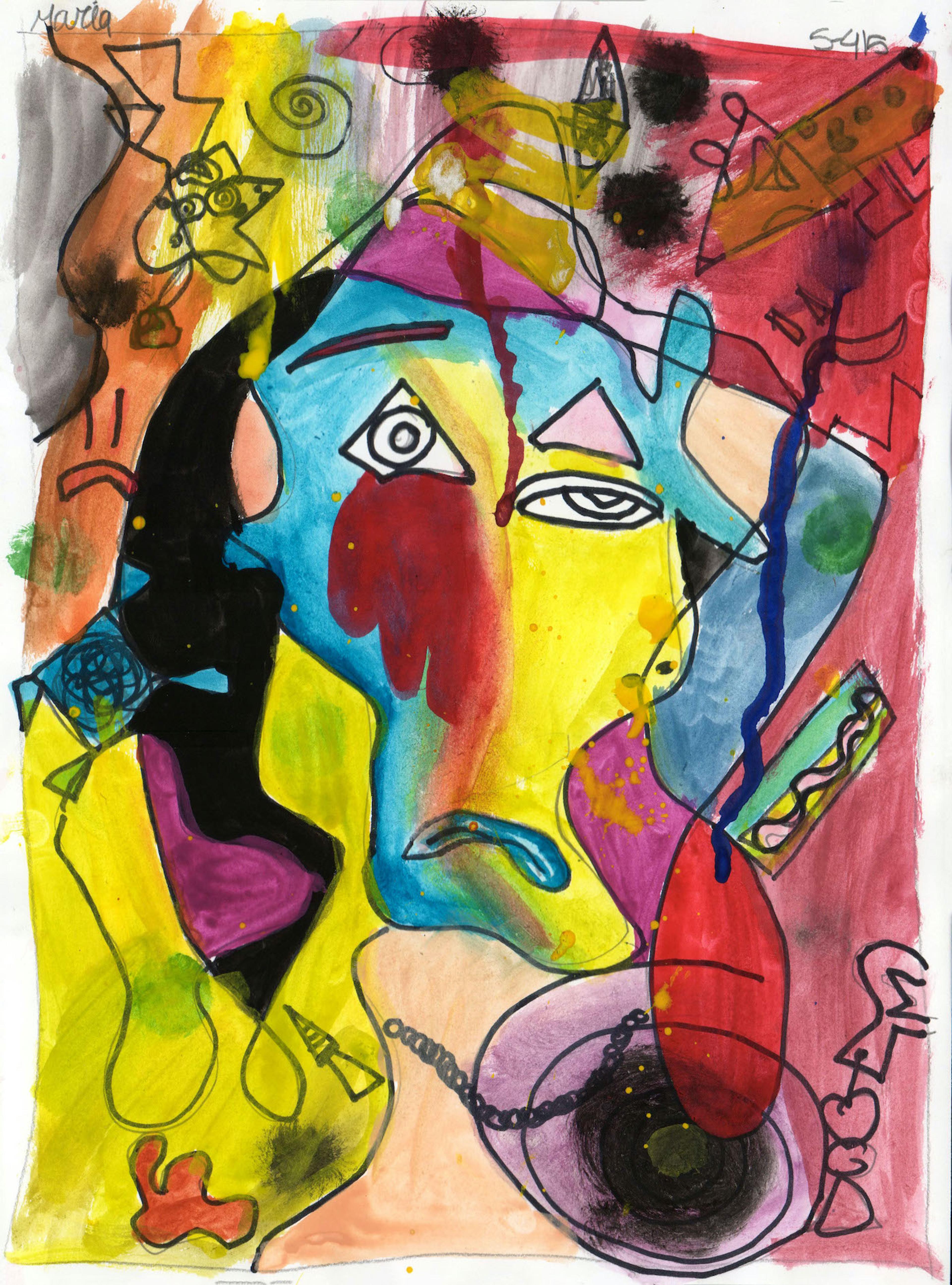 Tempera abstract self portrait of a young girl reminiscent of the style of Pablo Picasso. Her face is drawn in an amorphous shape almost to the point of being unrecognizable, except for un- symmetrical eyes and a downturned blue mouth. Both the girl's face and the background are made up of various colors and gradients including red, yellow, and blue, with small accents of green and violet. The shapes comprising the girl's face are outlined with thin, curvy black strokes. Her abstract hair appears to taper down on the left in a black shape and on the right in a cloudy blue shape. Her elongated neck appears peach colored, and the top of her head resembles an abstract violet colored cap.