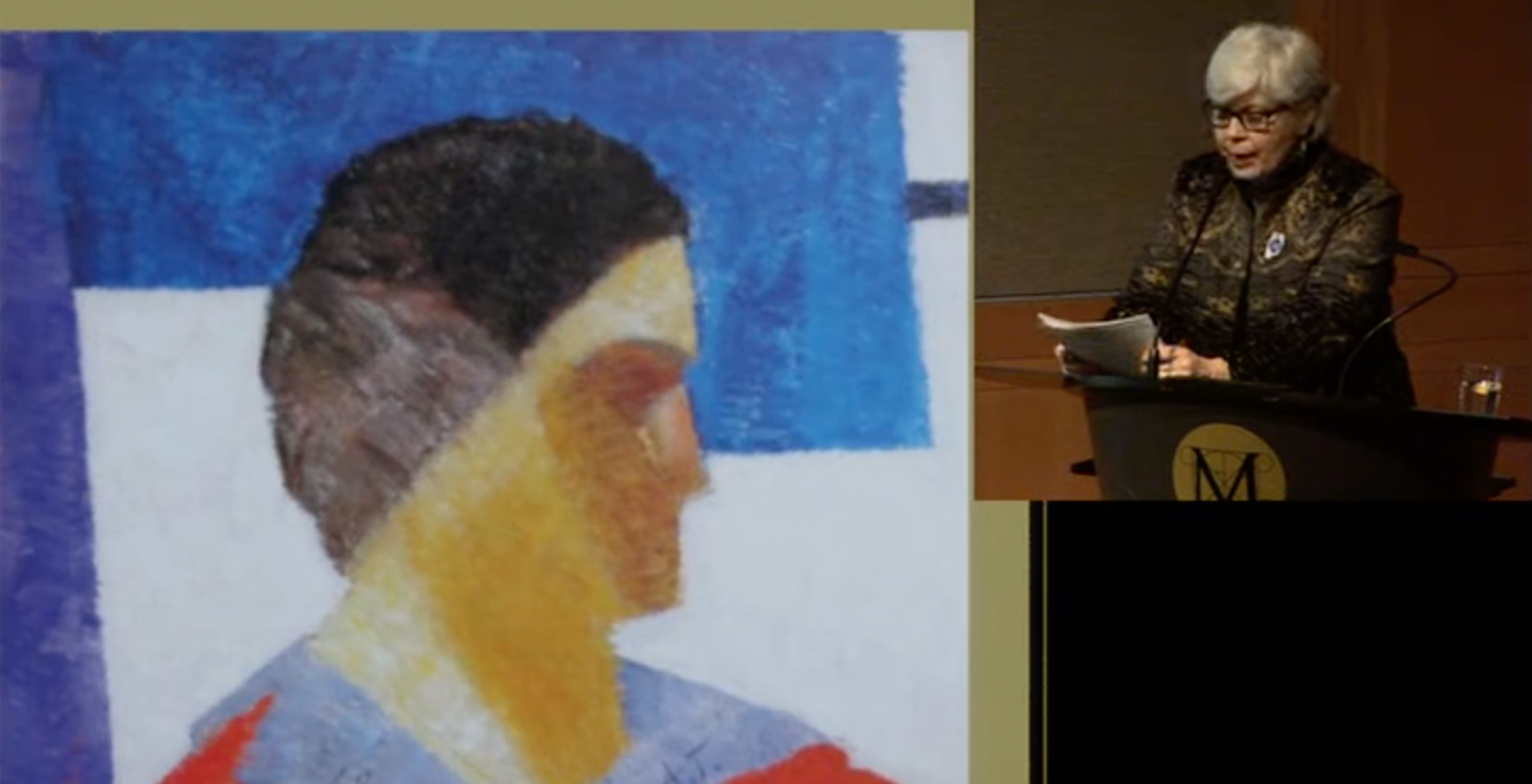 Lecturer Myroslava M. Mudrak presenting with an image of "Portrait of a Woman" by Oleksa Hryshchenko.