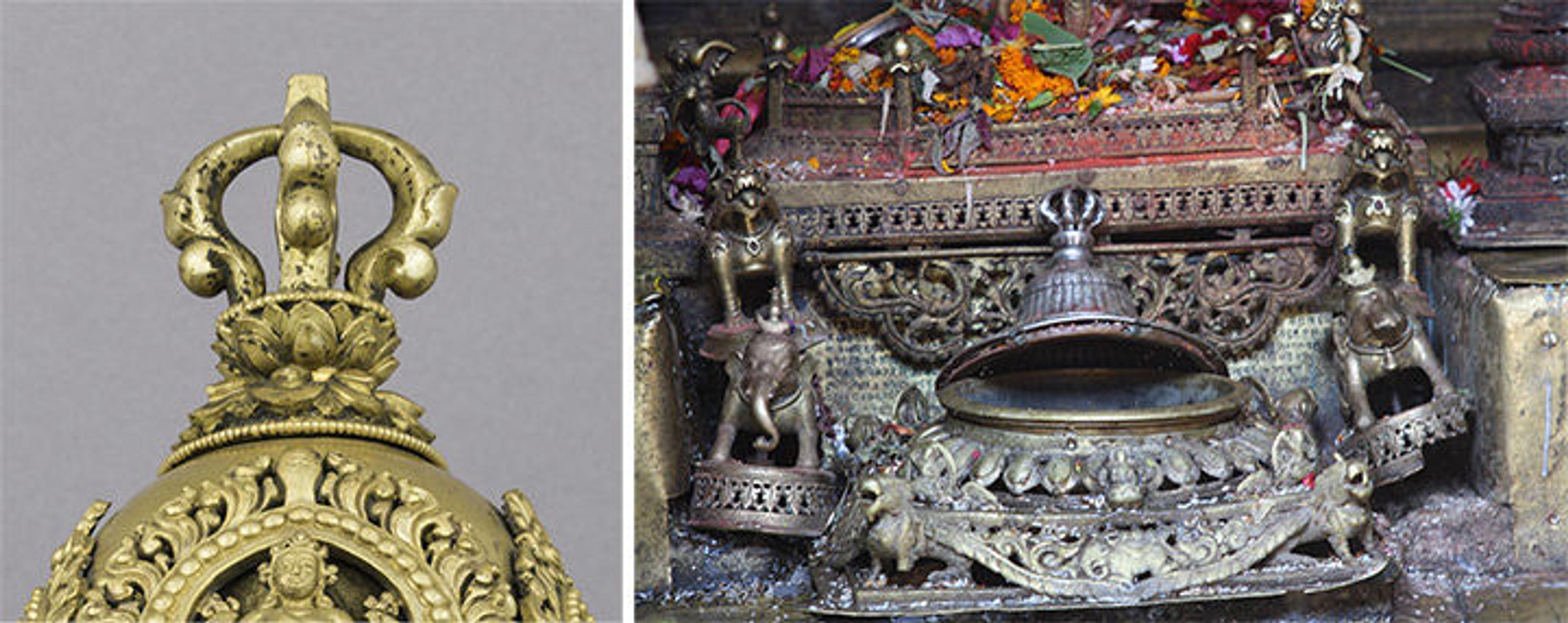 Vajra ornament from crown on left and half-vajra on ritual incense burner, right