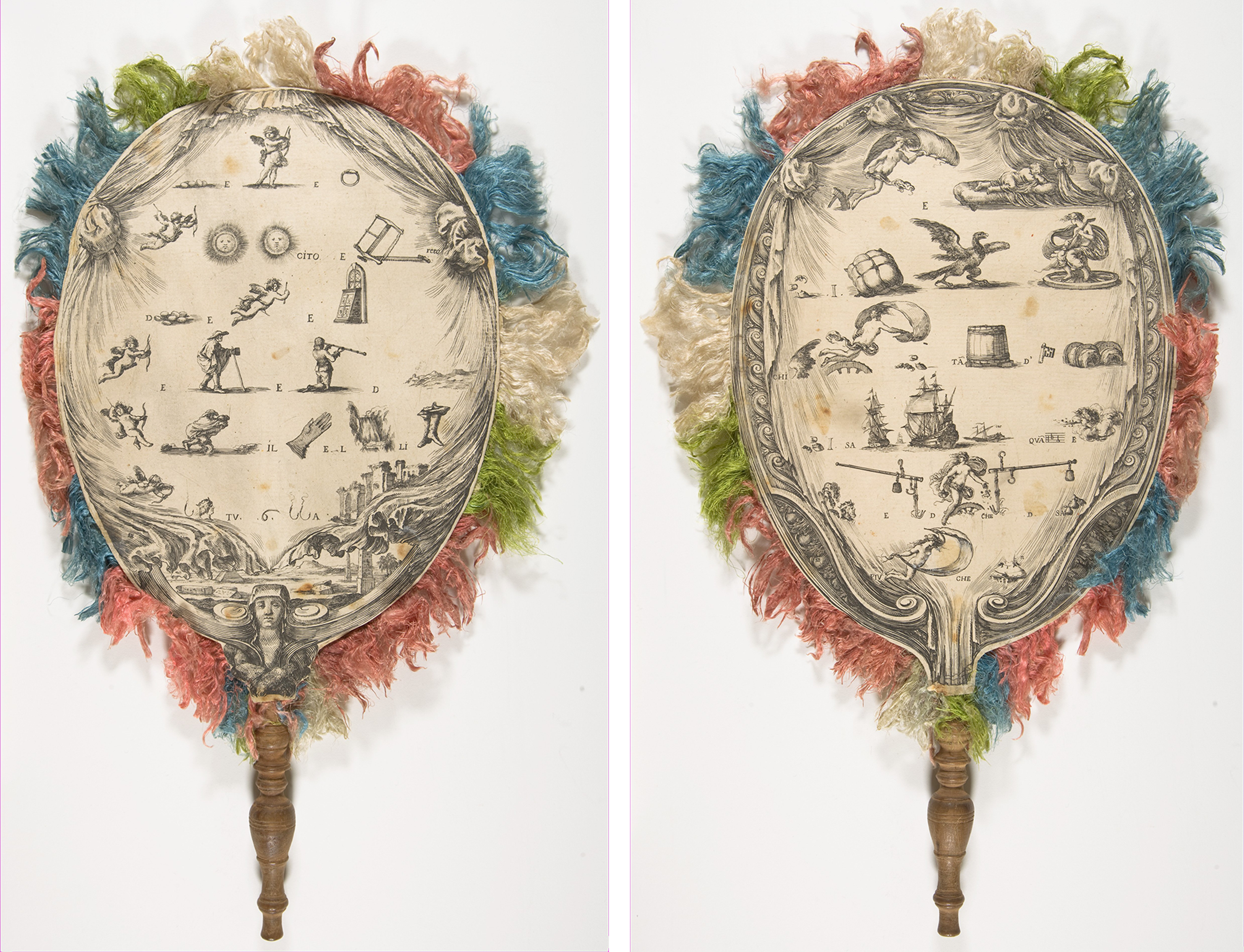Image of two printed rebus fans side by side. Each decorated around the edges with colored fringe.