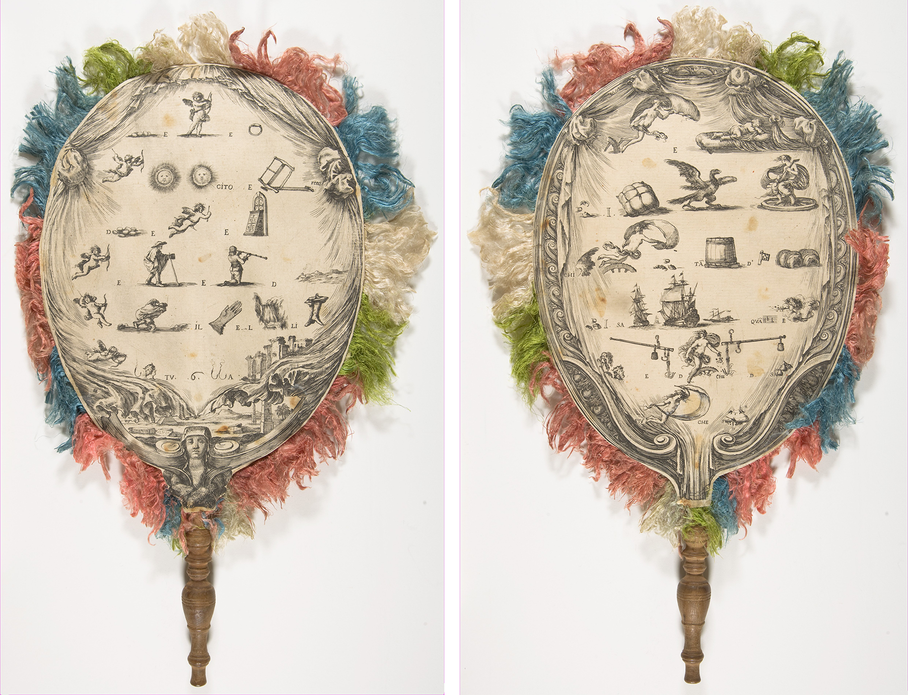 Image of two printed rebus fans side by side. Each decorated around the edges with colored fringe.